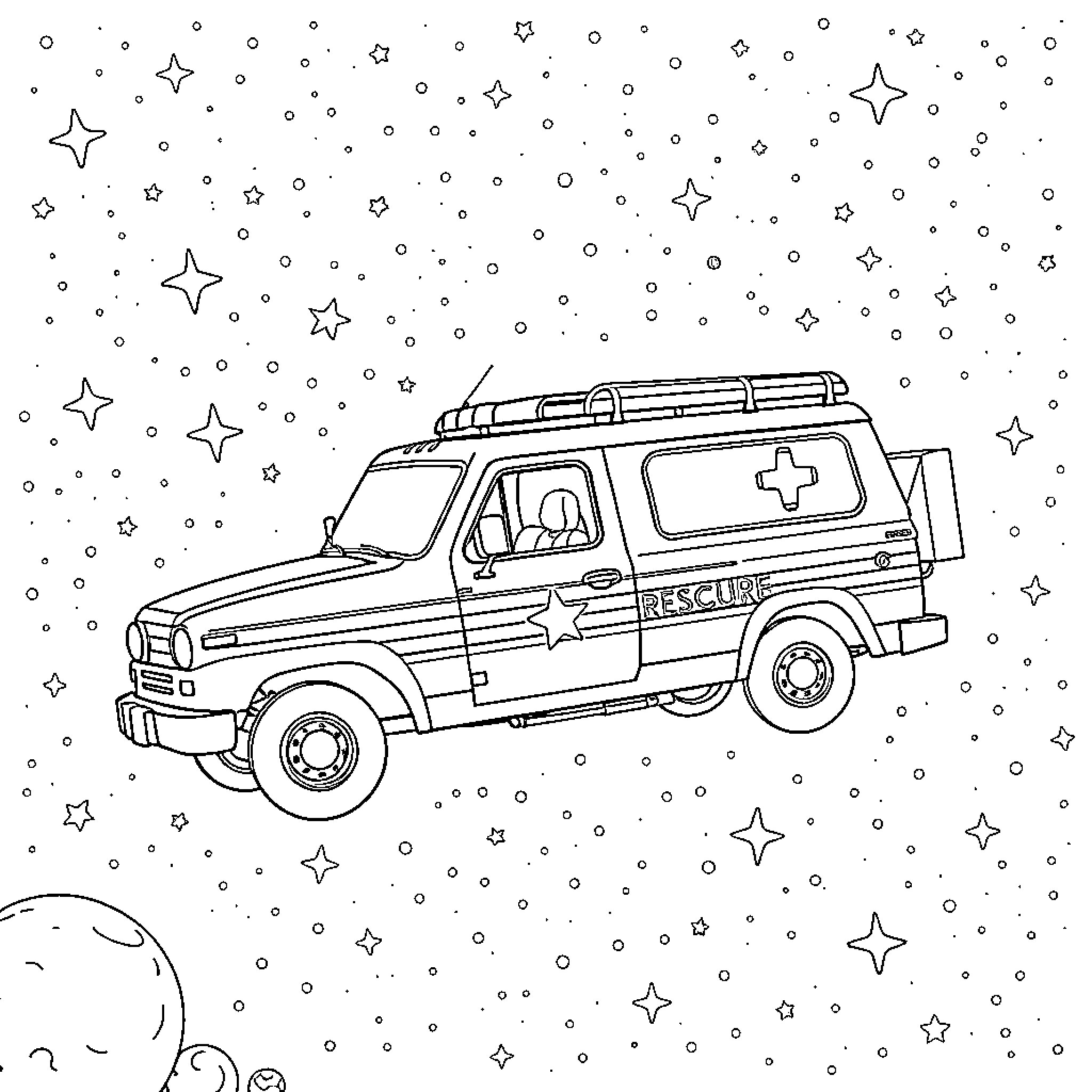 Lifeguard Truck Responding to Emergency at Night Coloring Page (free black-and-white line drawing printable PDF for all, from beginners to advanced learners, including children, teens, adults, and seniors)