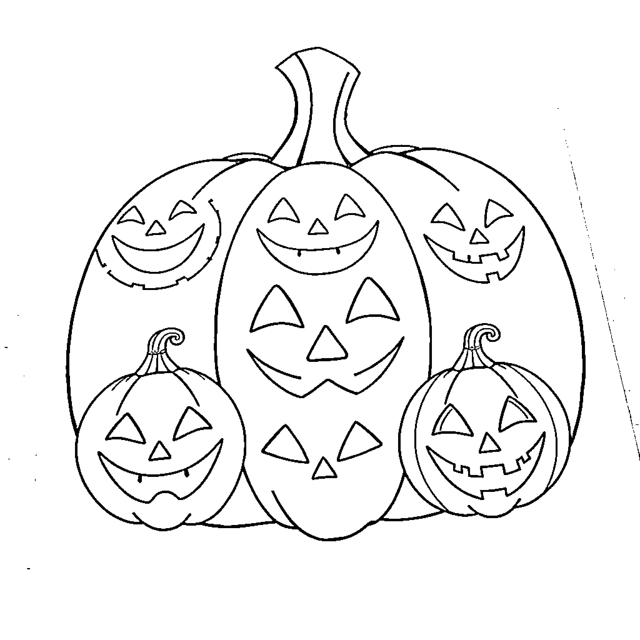 Pumpkins with joyful expressions Coloring Page (free black-and-white line drawing printable PDF for all, from beginners to advanced learners, including children, teens, adults, and seniors)