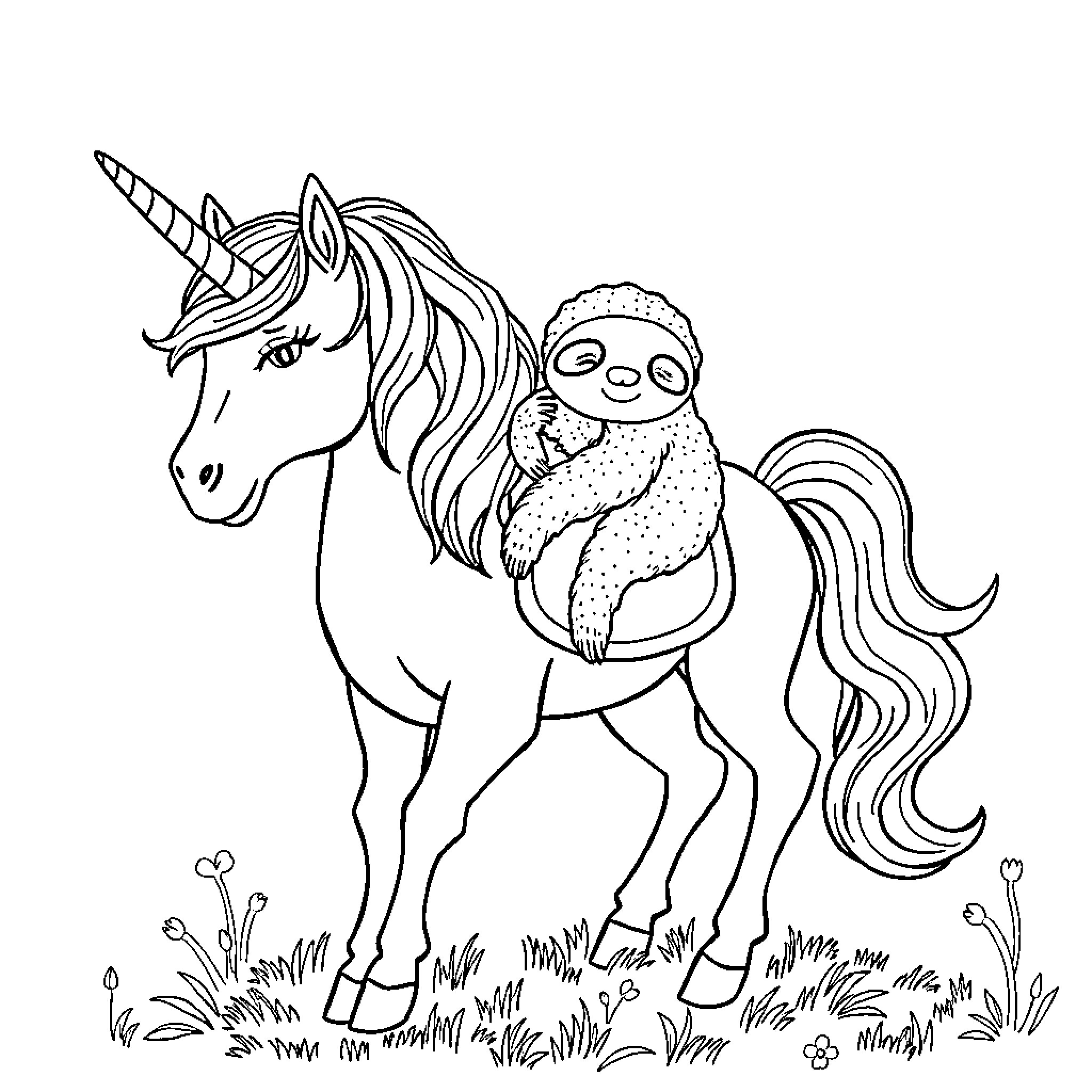 Unicorn with Sloth Riding Through Meadow Coloring Page (free black-and-white line drawing printable PDF for all, from beginners to advanced learners, including children, teens, adults, and seniors)