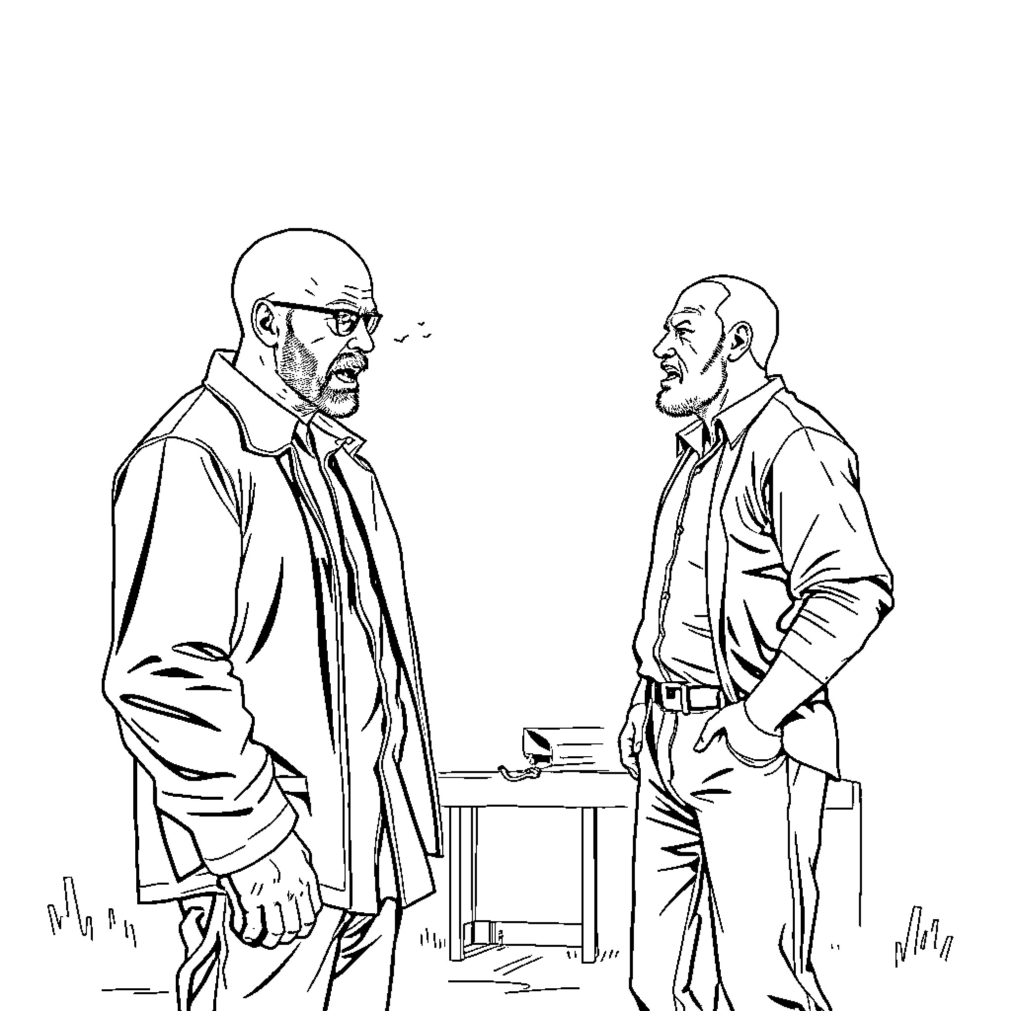 Walter White in Heated Discussion with Another Man Coloring Page (free black-and-white line drawing printable PDF for all, from beginners to advanced learners, including children, teens, adults, and seniors)
