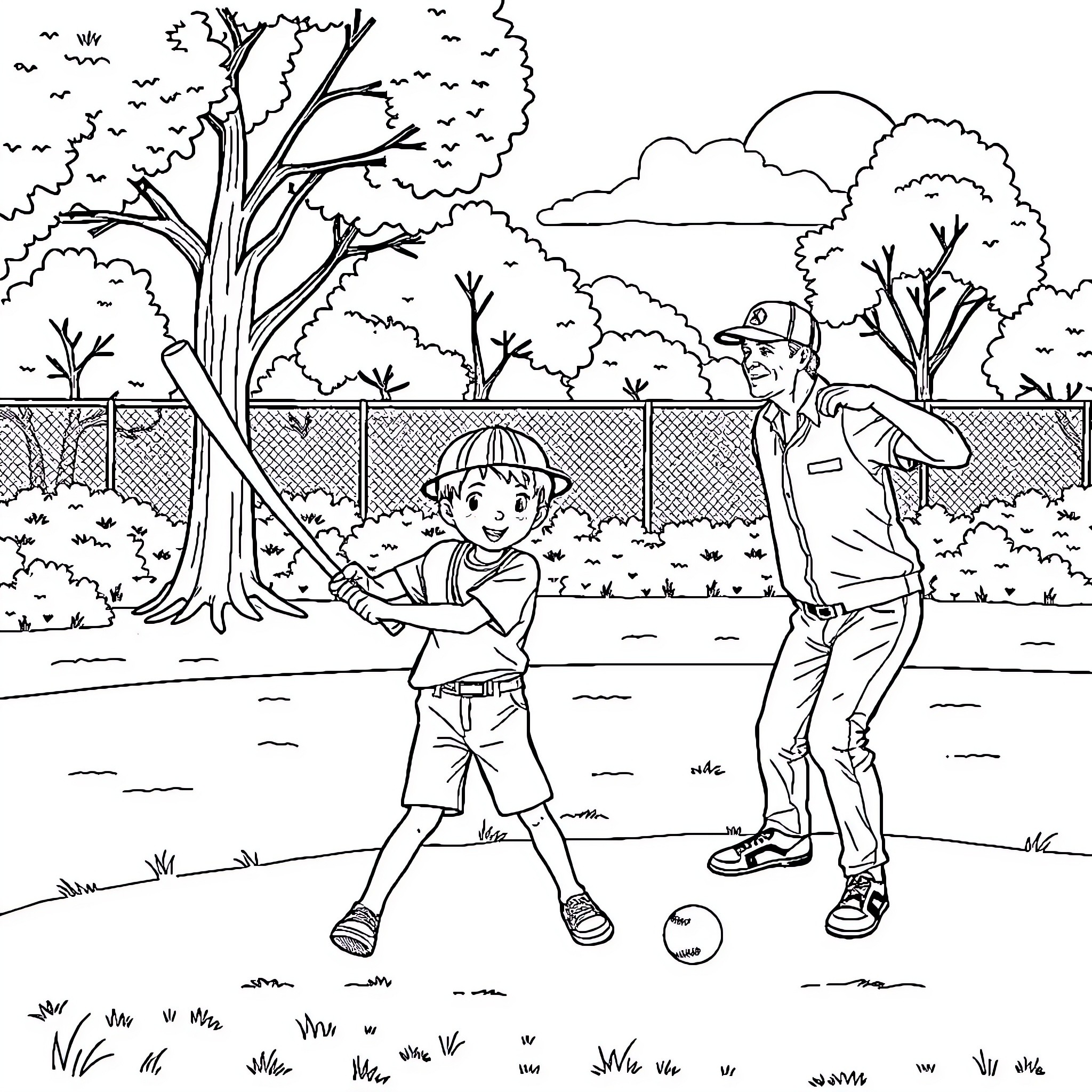 Boy playing baseball with coach in park Coloring Page (free black-and-white line drawing printable PDF for all, from beginners to advanced learners, including children, teens, adults, and seniors)