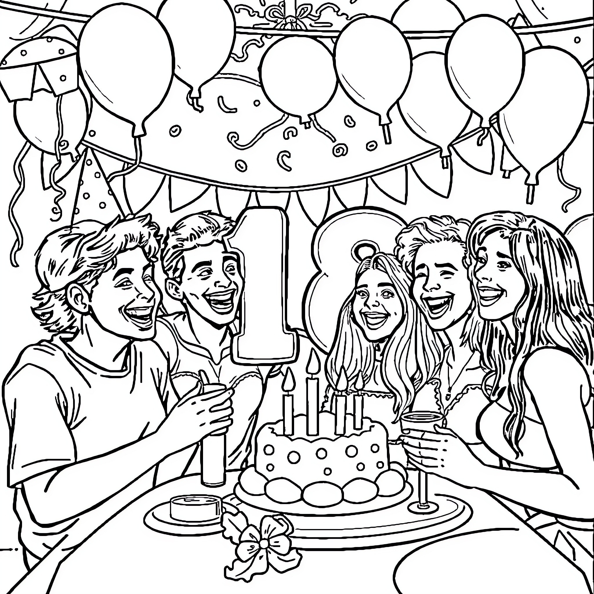 Party celebration with friends, cake, and balloons Coloring Page (free black-and-white line drawing printable PDF for all, from beginners to advanced learners, including children, teens, adults, and seniors)