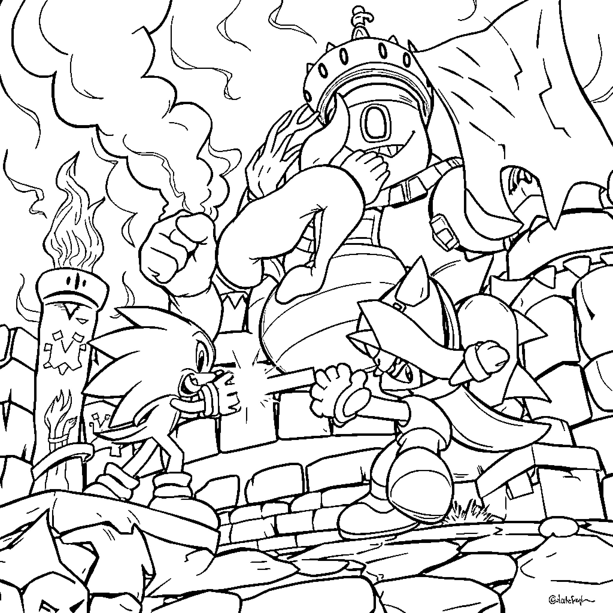 Sonic battling with mechanical enemies in a chaotic scene Coloring Page (free black-and-white line drawing printable PDF for all, from beginners to advanced learners, including children, teens, adults, and seniors)