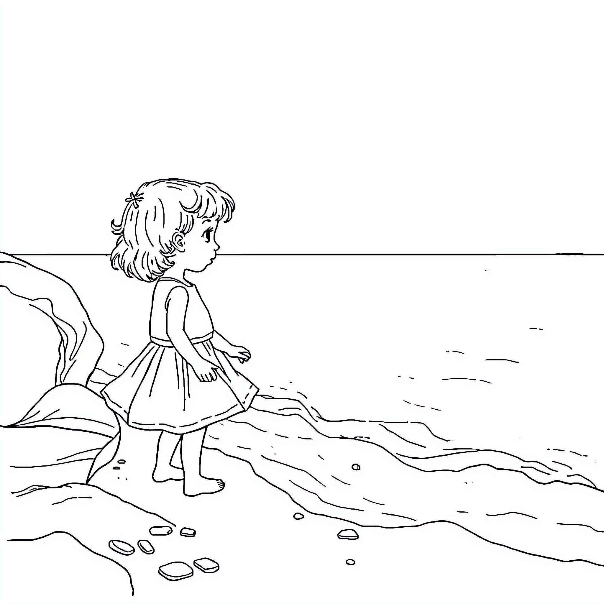 Girl exploring the shore by the water Coloring Page (free black-and-white line drawing printable PDF for all, from beginners to advanced learners, including children, teens, adults, and seniors)