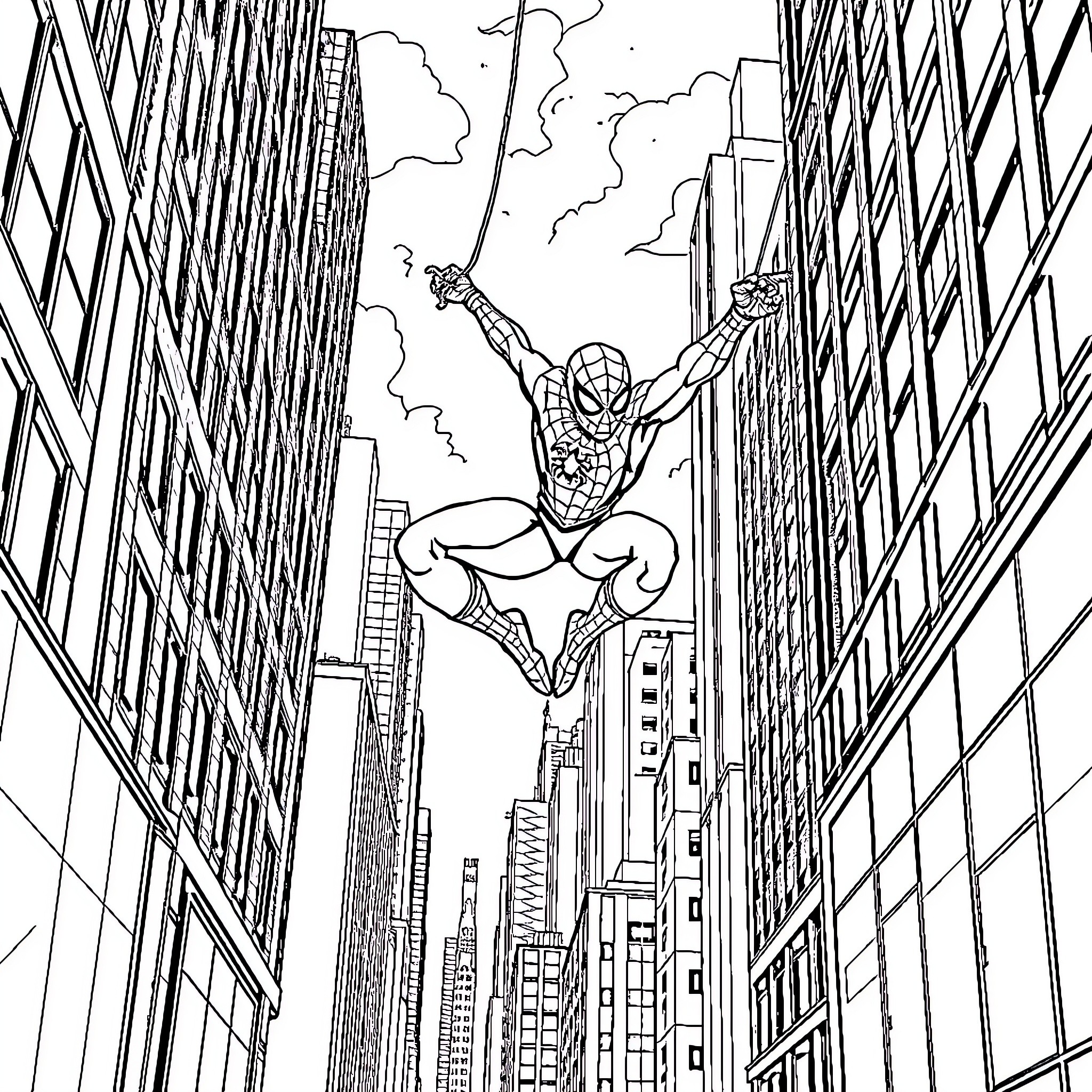 Spiderman swinging between skyscrapers in the city Coloring Page (free black-and-white line drawing printable PDF for all, from beginners to advanced learners, including children, teens, adults, and seniors)