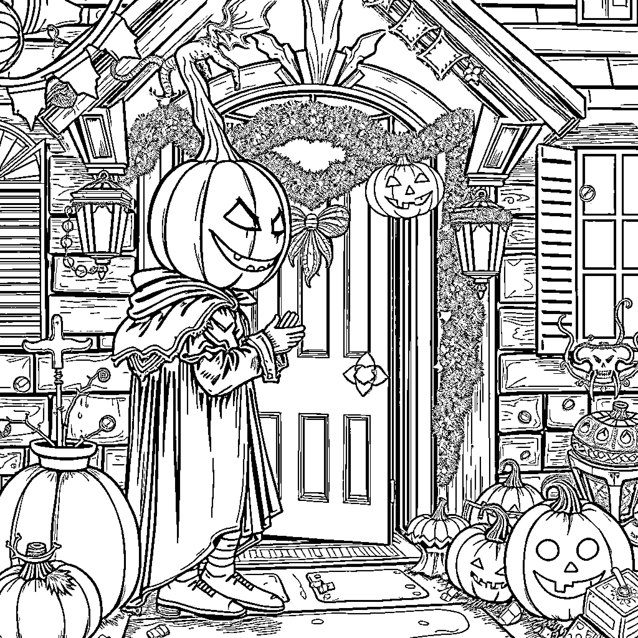 Hombre Calabaza welcomes visitors on a spooky Halloween night Coloring Page (free black-and-white line drawing printable PDF for all, from beginners to advanced learners, including children, teens, adults, and seniors)