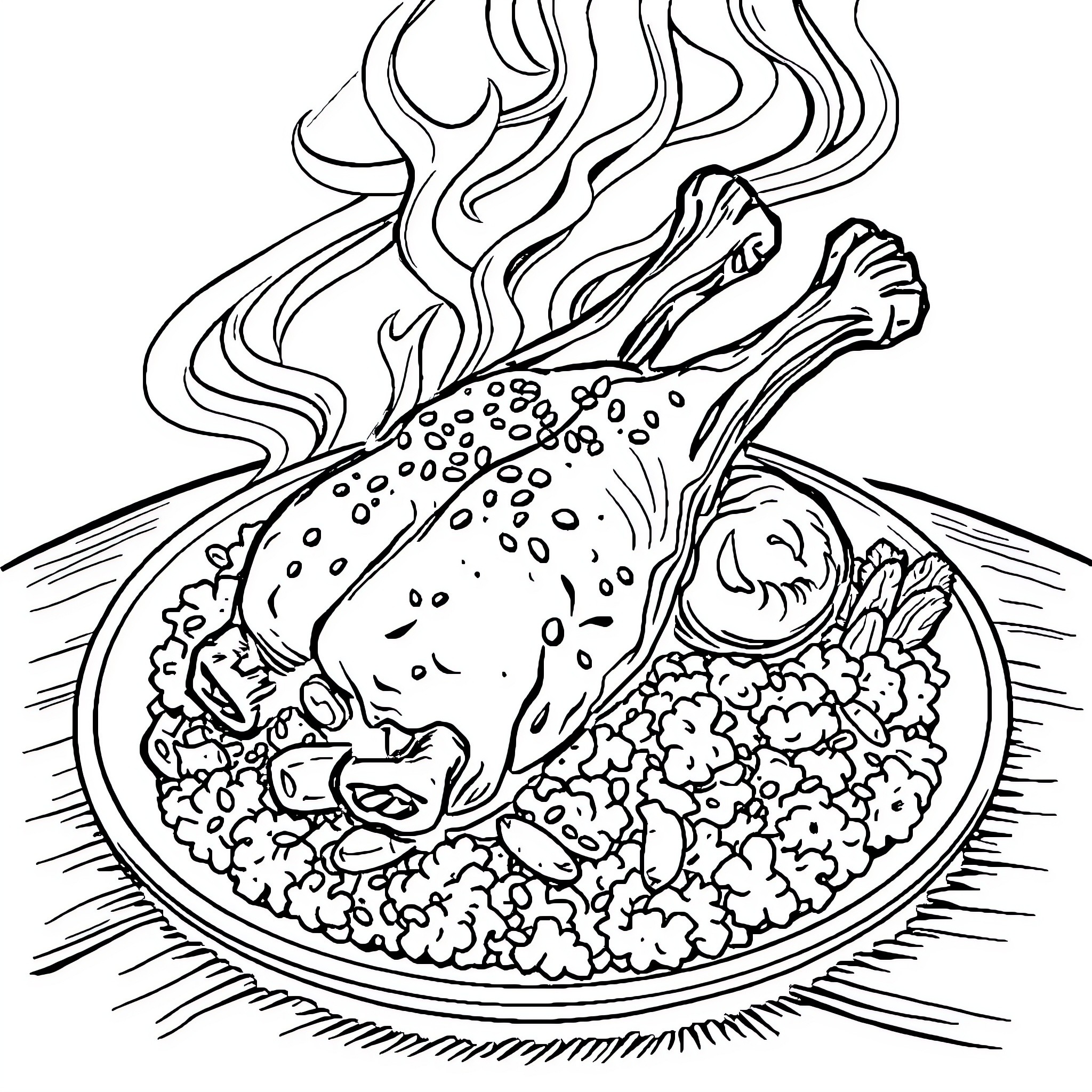 Chicken sizzling in a cooking pan Coloring Page (free black-and-white line drawing printable PDF for all, from beginners to advanced learners, including children, teens, adults, and seniors)