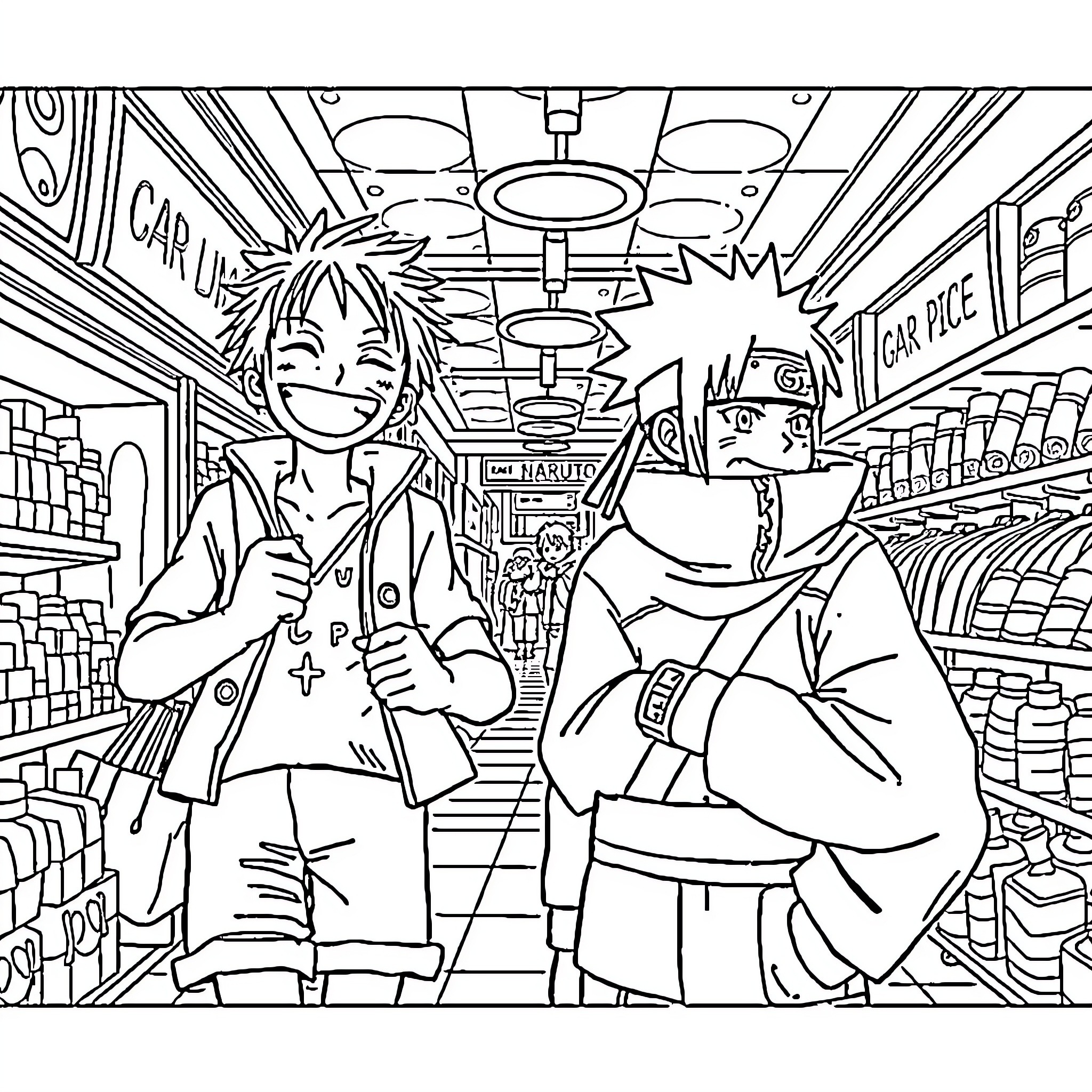 Luffy and Friends in an Anime Store Coloring Page (free black-and-white line drawing printable PDF for all, from beginners to advanced learners, including children, teens, adults, and seniors)