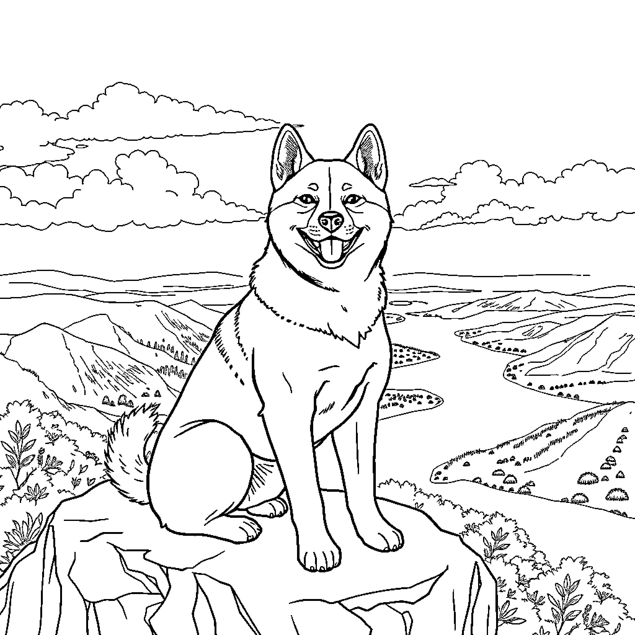 Shiba Inu enjoying the outdoor landscape Coloring Page (free black-and-white line drawing printable PDF for all, from beginners to advanced learners, including children, teens, adults, and seniors)