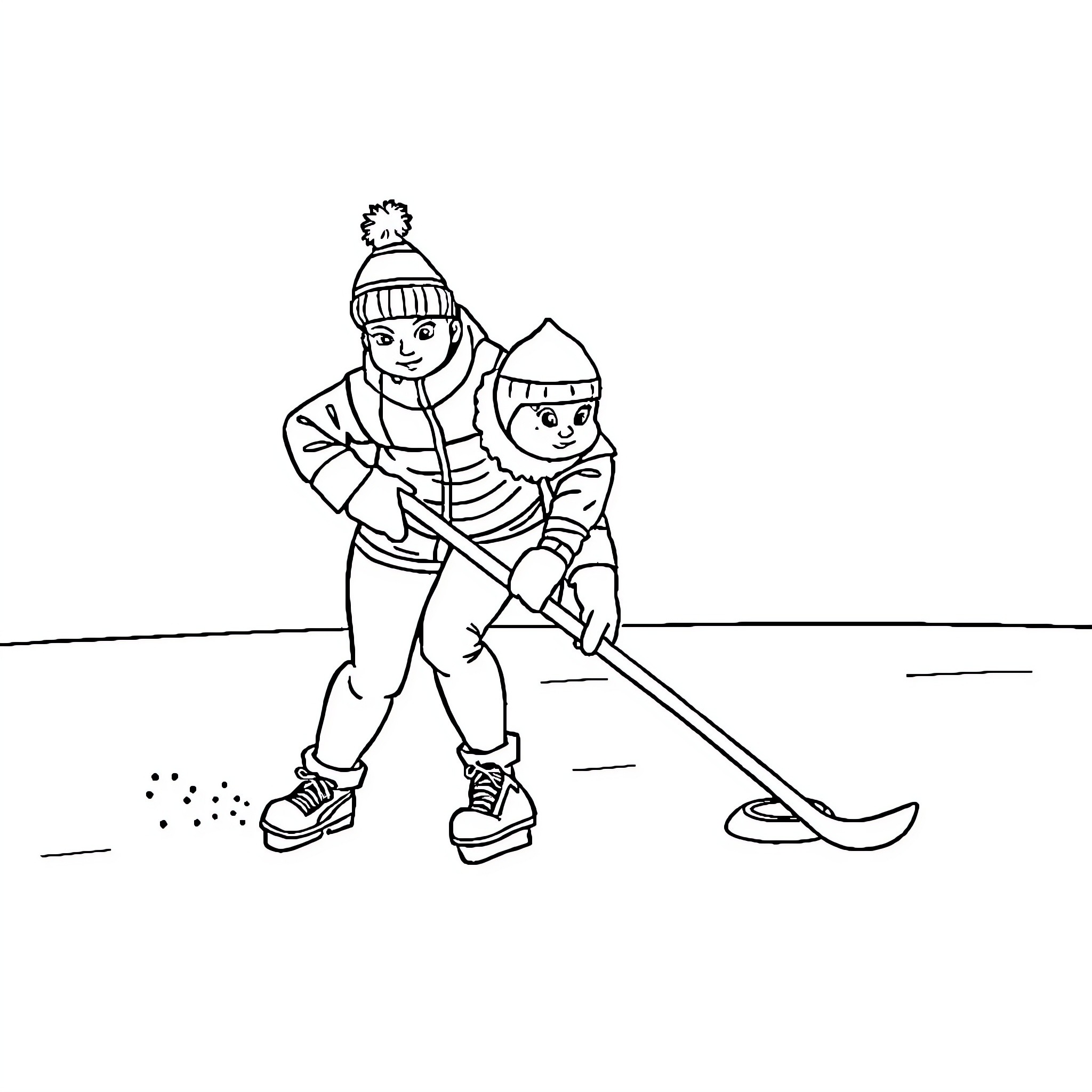 Ornithorhynchus playing with child in winter scene Coloring Page (free black-and-white line drawing printable PDF for all, from beginners to advanced learners, including children, teens, adults, and seniors)