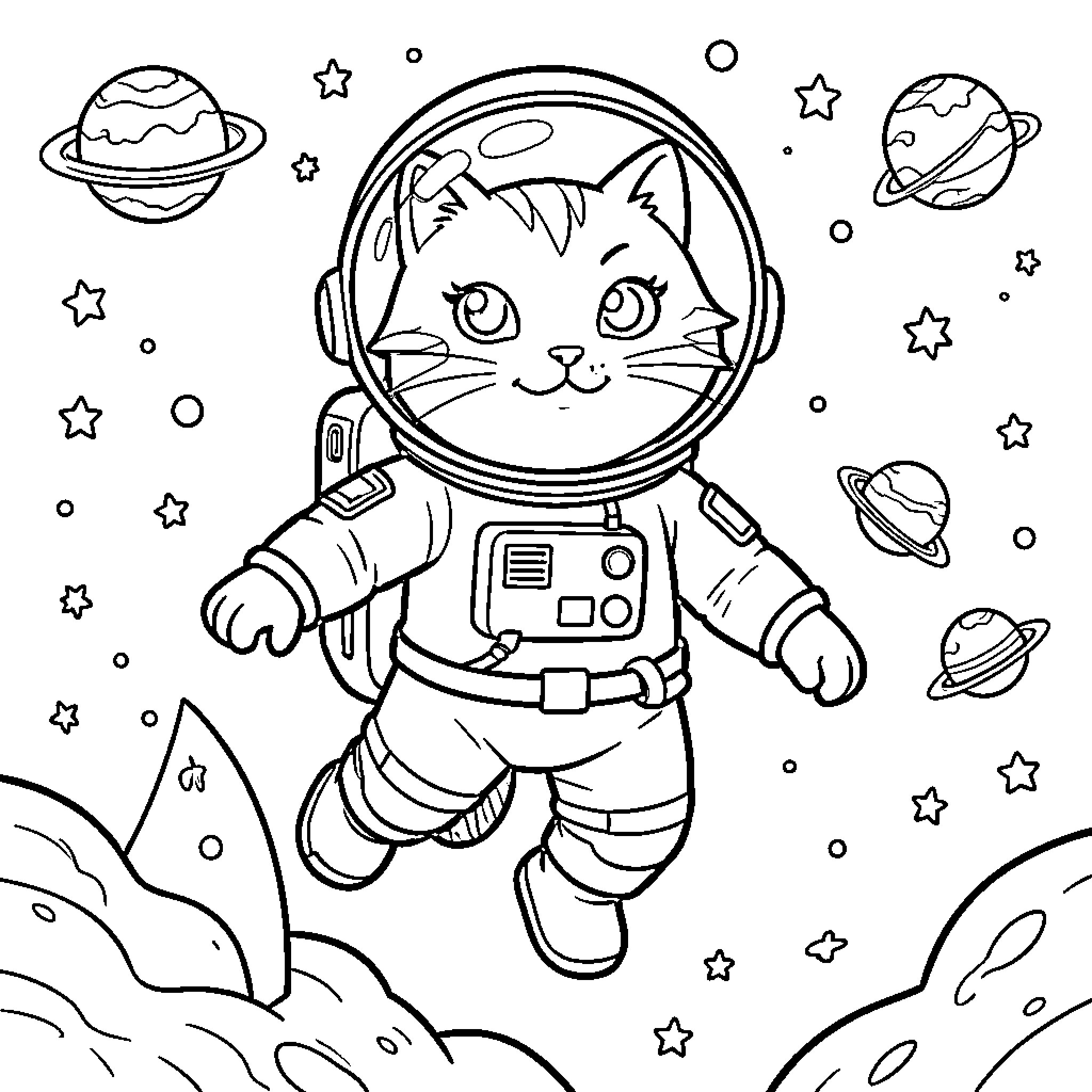 Cat astronaut exploring the galaxy Coloring Page (free black-and-white line drawing printable PDF for all, from beginners to advanced learners, including children, teens, adults, and seniors)