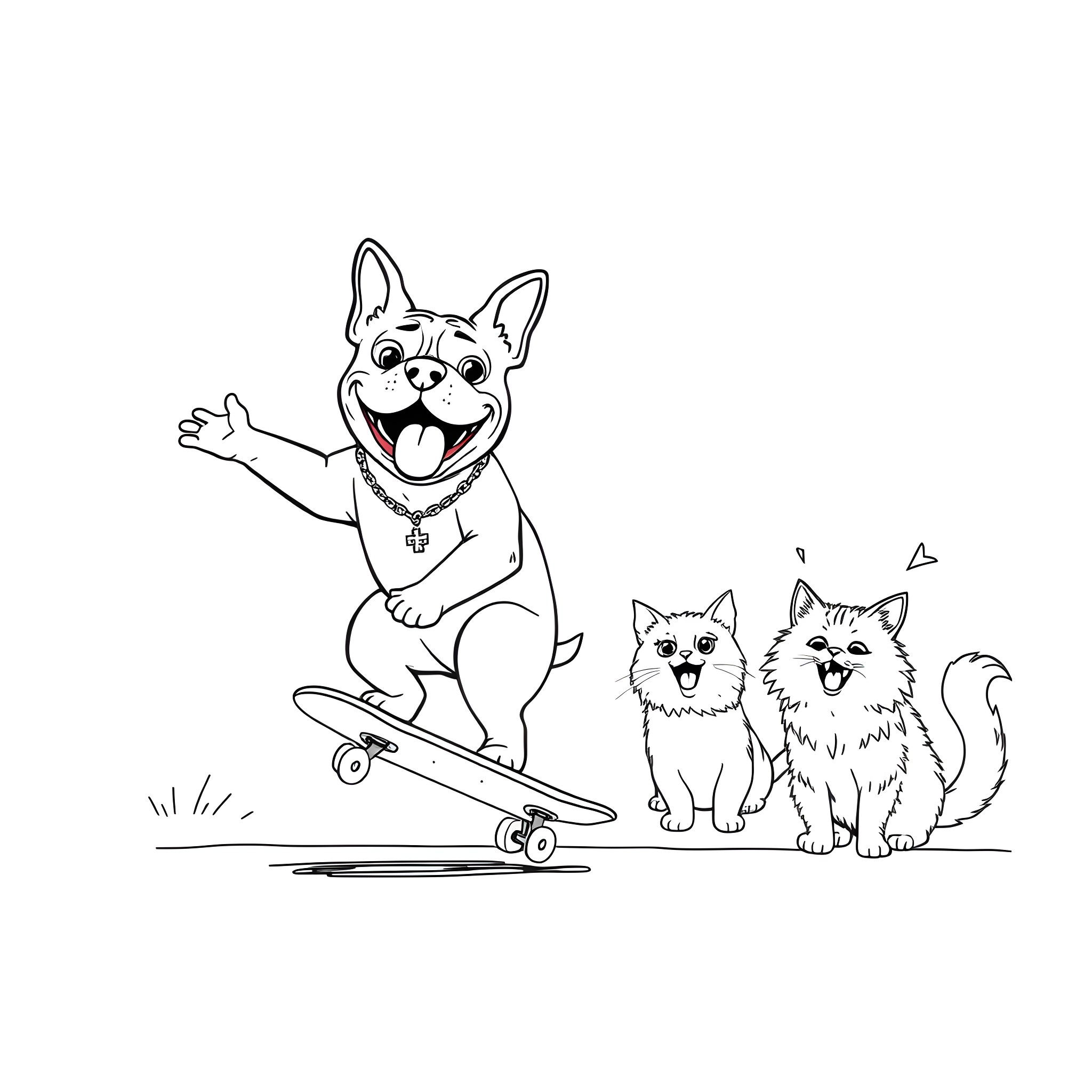 Bulldog skateboarding with excited kittens Coloring Page (free black-and-white line drawing printable PDF for all, from beginners to advanced learners, including children, teens, adults, and seniors)