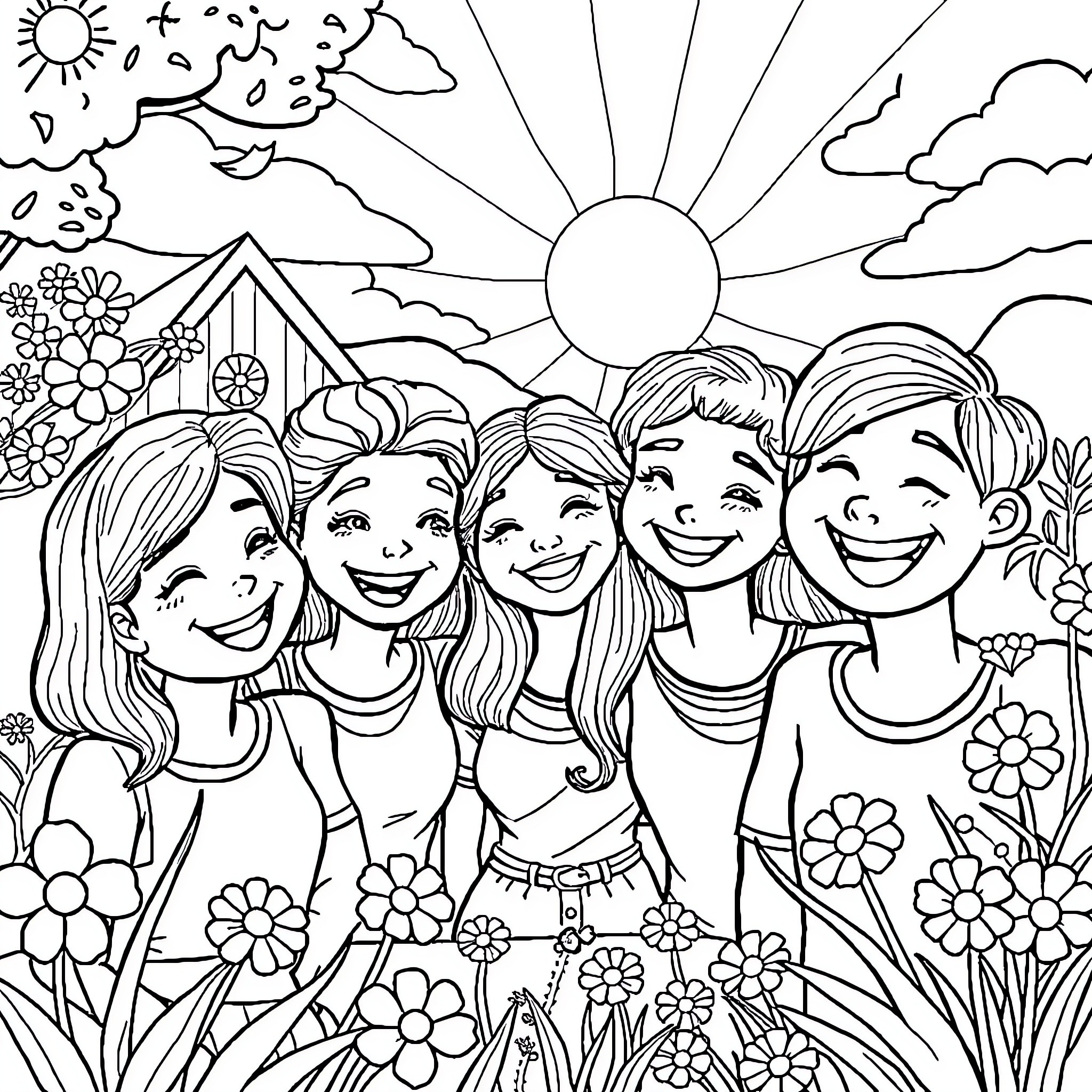 Nice cheerful group of friends in a sunny garden Coloring Page (free black-and-white line drawing printable PDF for all, from beginners to advanced learners, including children, teens, adults, and seniors)