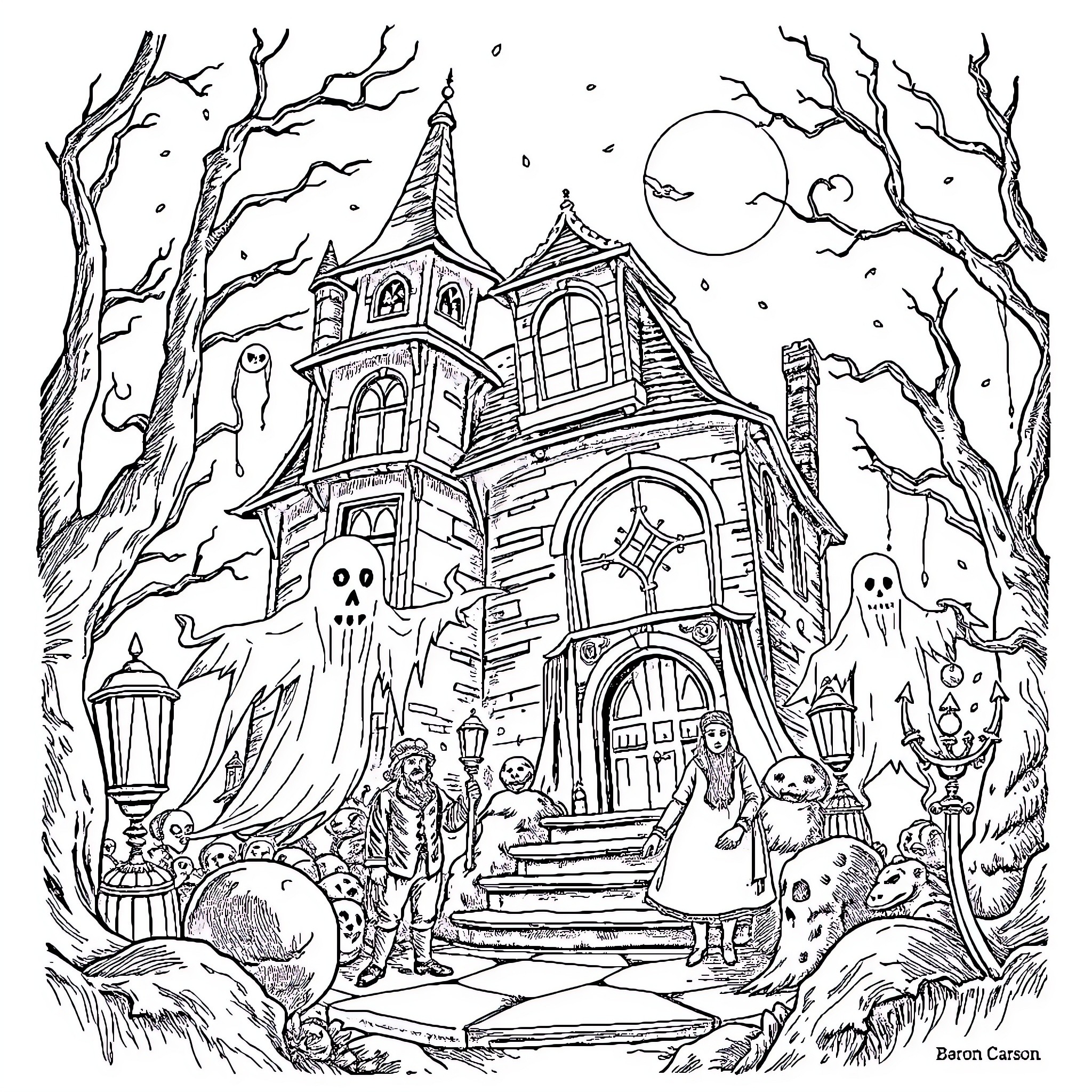 Baron 1898: Haunted House Adventure in the Moonlit Forest Coloring Page (free black-and-white line drawing printable PDF for all, from beginners to advanced learners, including children, teens, adults, and seniors)