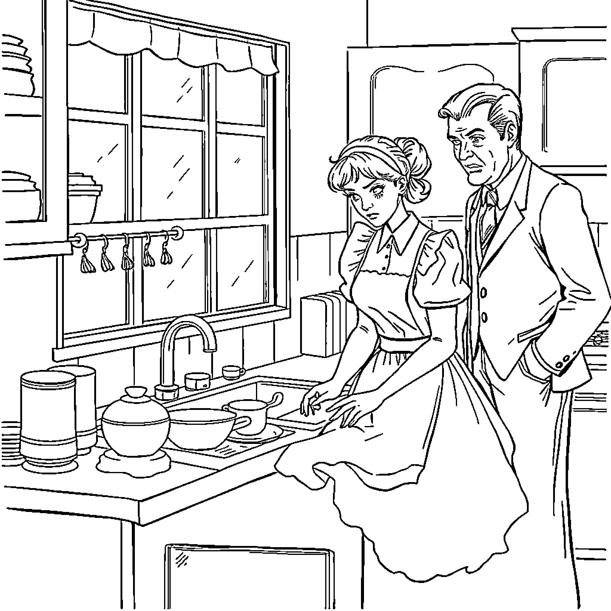 Maid serving tea to gentleman in kitchen Coloring Page (free black-and-white line drawing printable PDF for all, from beginners to advanced learners, including children, teens, adults, and seniors)