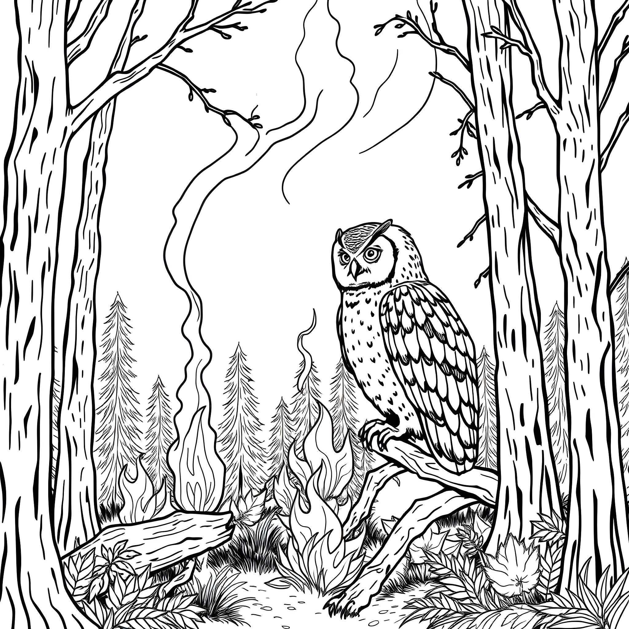 Owl in the Mystical Forest Coloring Page (free black-and-white line drawing printable PDF for all, from beginners to advanced learners, including children, teens, adults, and seniors)