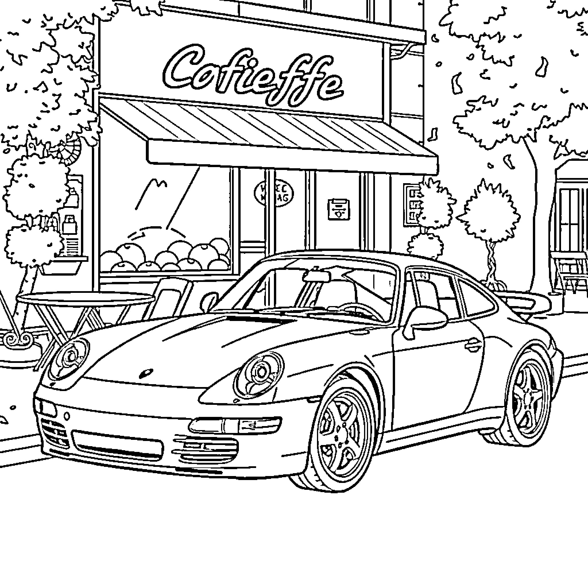 Porsche sports car parked near a cafe Coloring Page (free black-and-white line drawing printable PDF for all, from beginners to advanced learners, including children, teens, adults, and seniors)