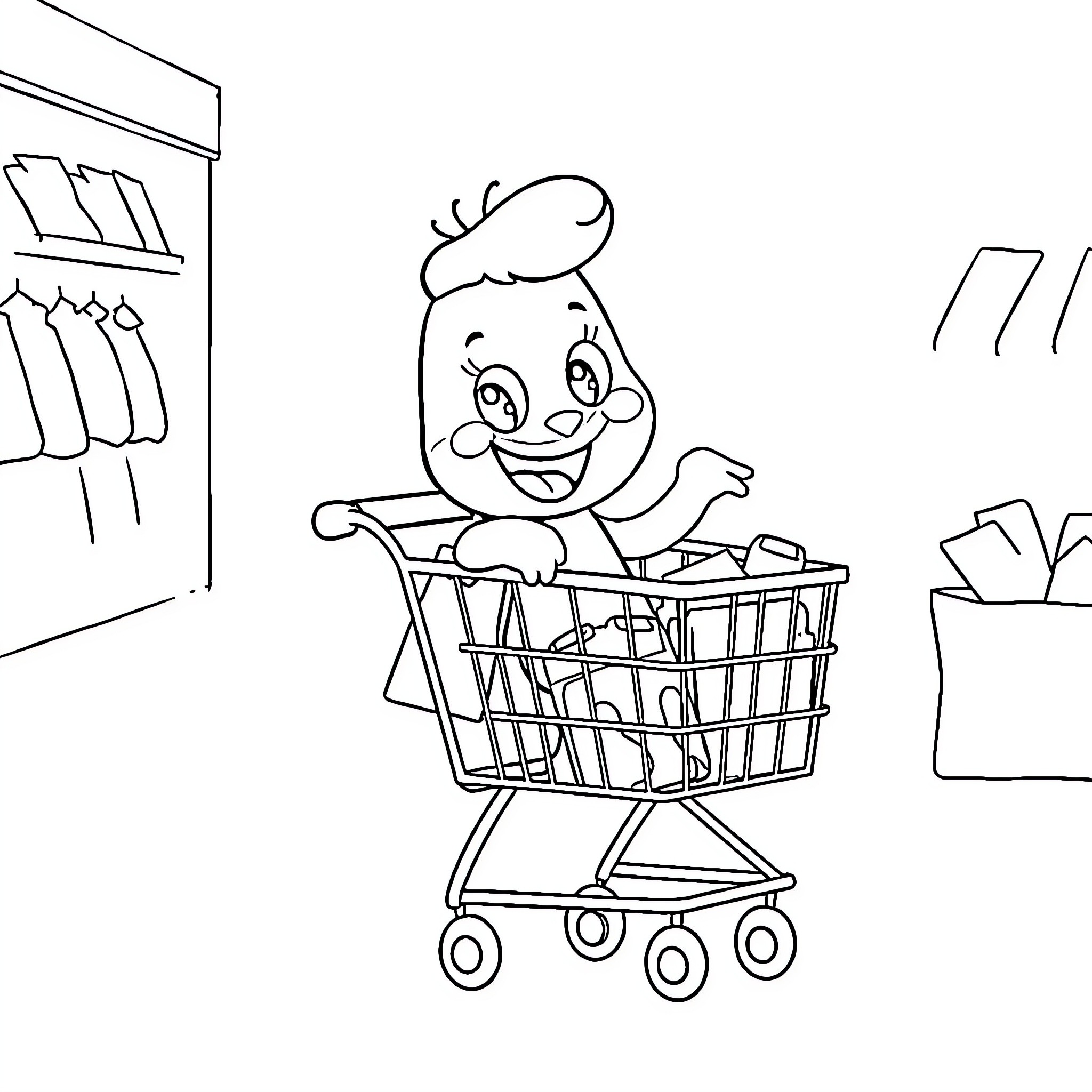 Bluey shopping happily in the market Coloring Page (free black-and-white line drawing printable PDF for all, from beginners to advanced learners, including children, teens, adults, and seniors)