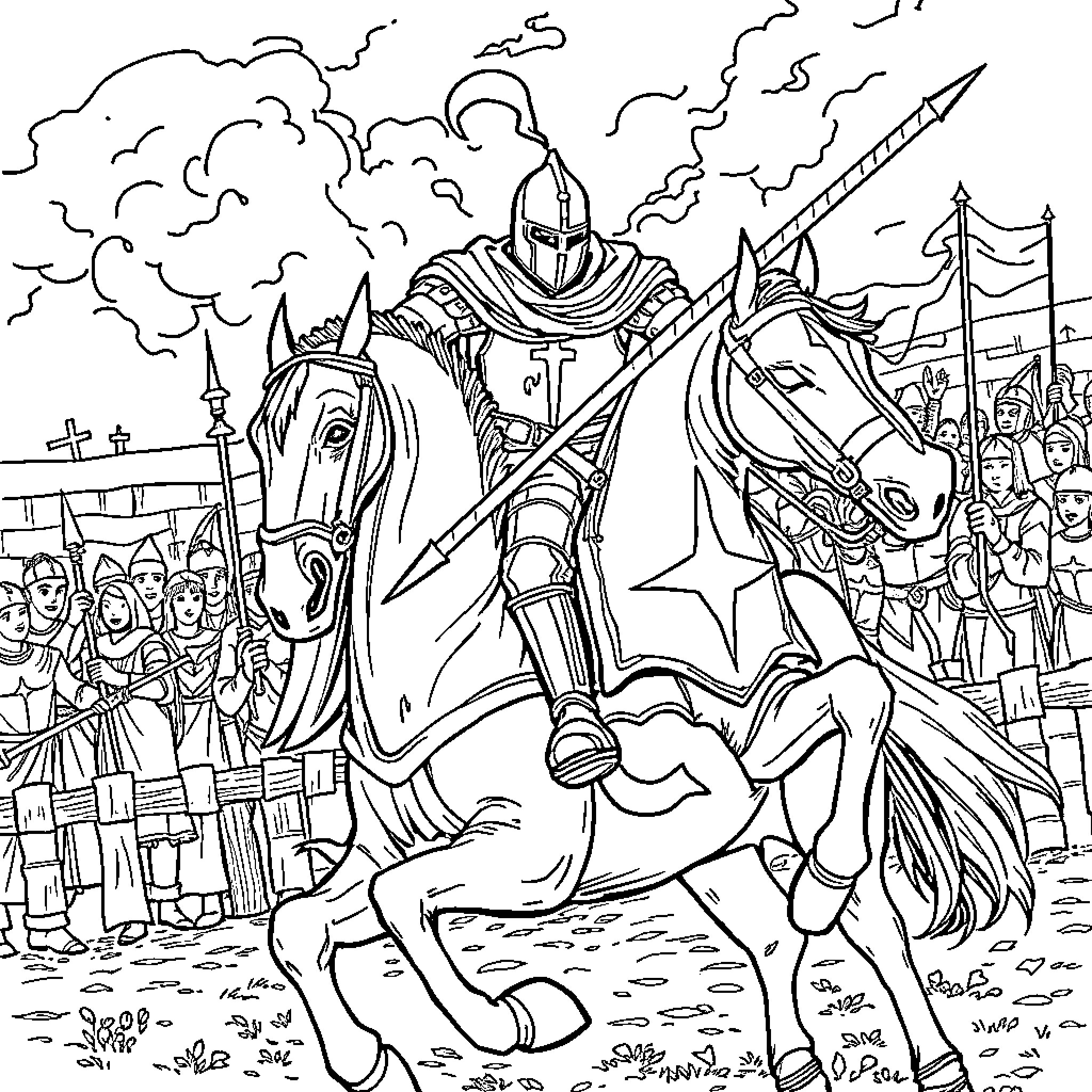 Headless Horseman riding on a majestic steed through a chaotic scene Coloring Page (free black-and-white line drawing printable PDF for all, from beginners to advanced learners, including children, teens, adults, and seniors)