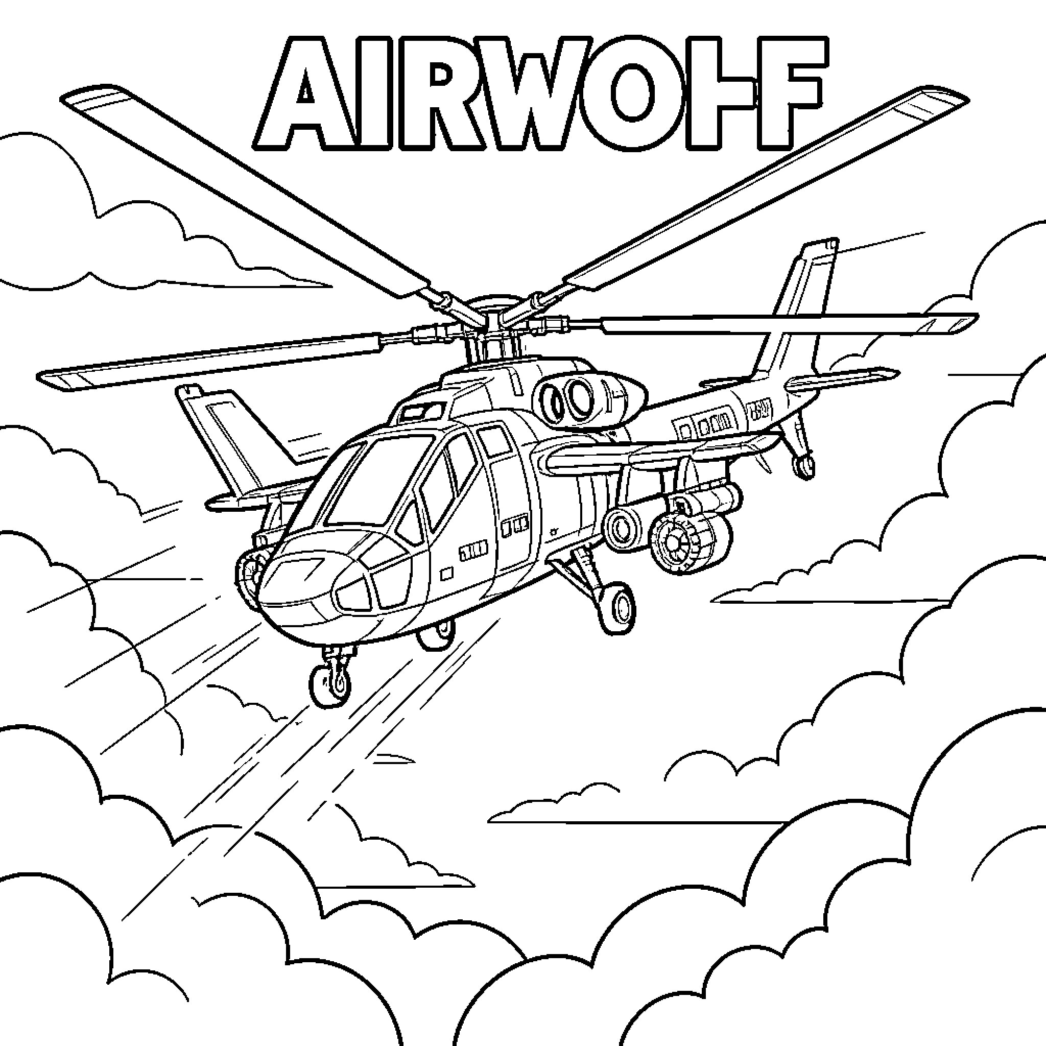 Airwolf helicopter in action against cloudy skies Coloring Page (free black-and-white line drawing printable PDF for all, from beginners to advanced learners, including children, teens, adults, and seniors)