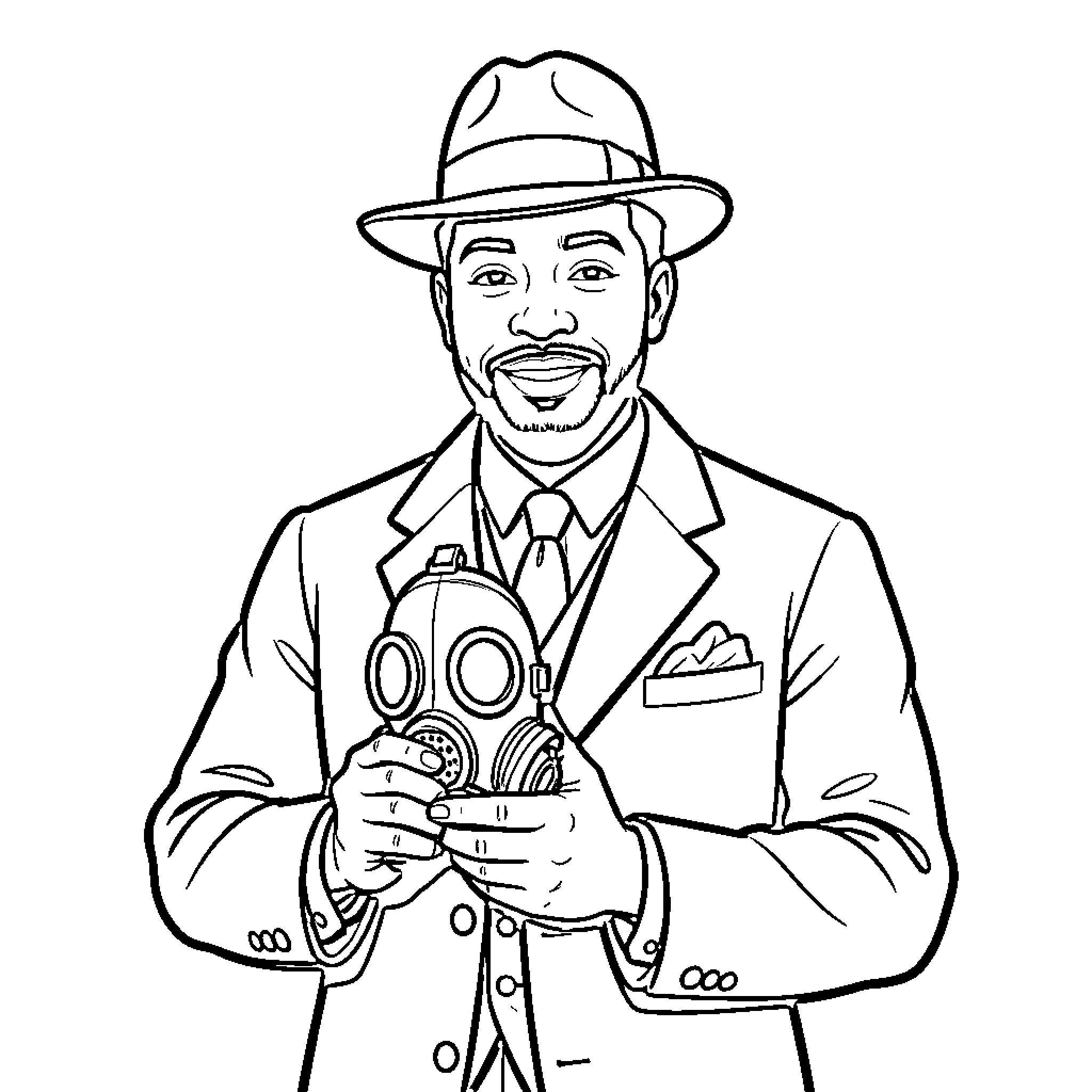 Garrett Morgan demonstrating an important invention Coloring Page (free black-and-white line drawing printable PDF for all, from beginners to advanced learners, including children, teens, adults, and seniors)