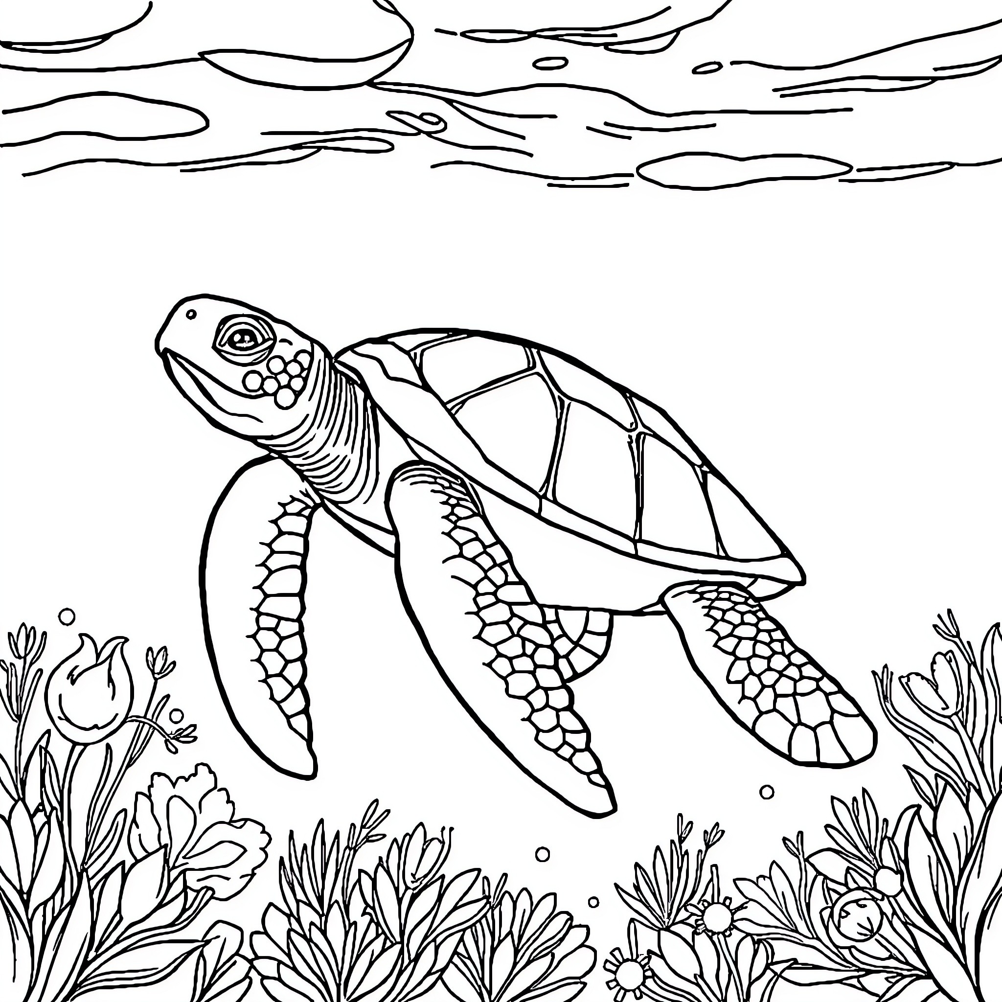 Turtle swimming gracefully in underwater garden Coloring Page (free black-and-white line drawing printable PDF for all, from beginners to advanced learners, including children, teens, adults, and seniors)