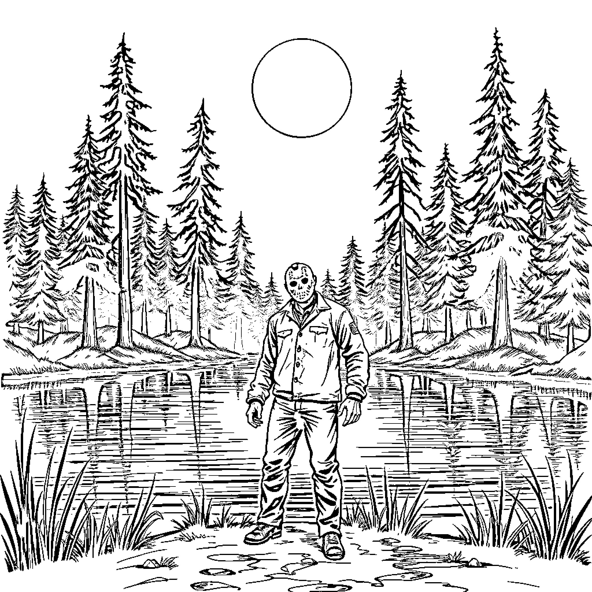 Jason Voorhees exploring the eerie forest landscape Coloring Page (free black-and-white line drawing printable PDF for all, from beginners to advanced learners, including children, teens, adults, and seniors)