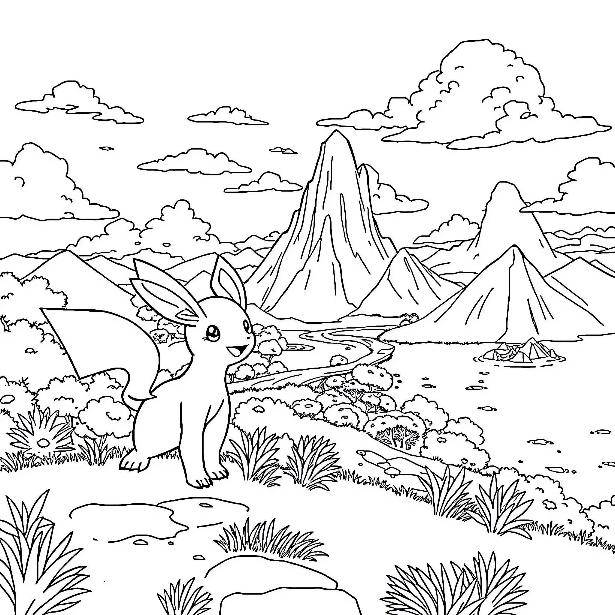 Pokémon Rabbit in the Mountainous Wilderness Coloring Page (free black-and-white line drawing printable PDF for all, from beginners to advanced learners, including children, teens, adults, and seniors)