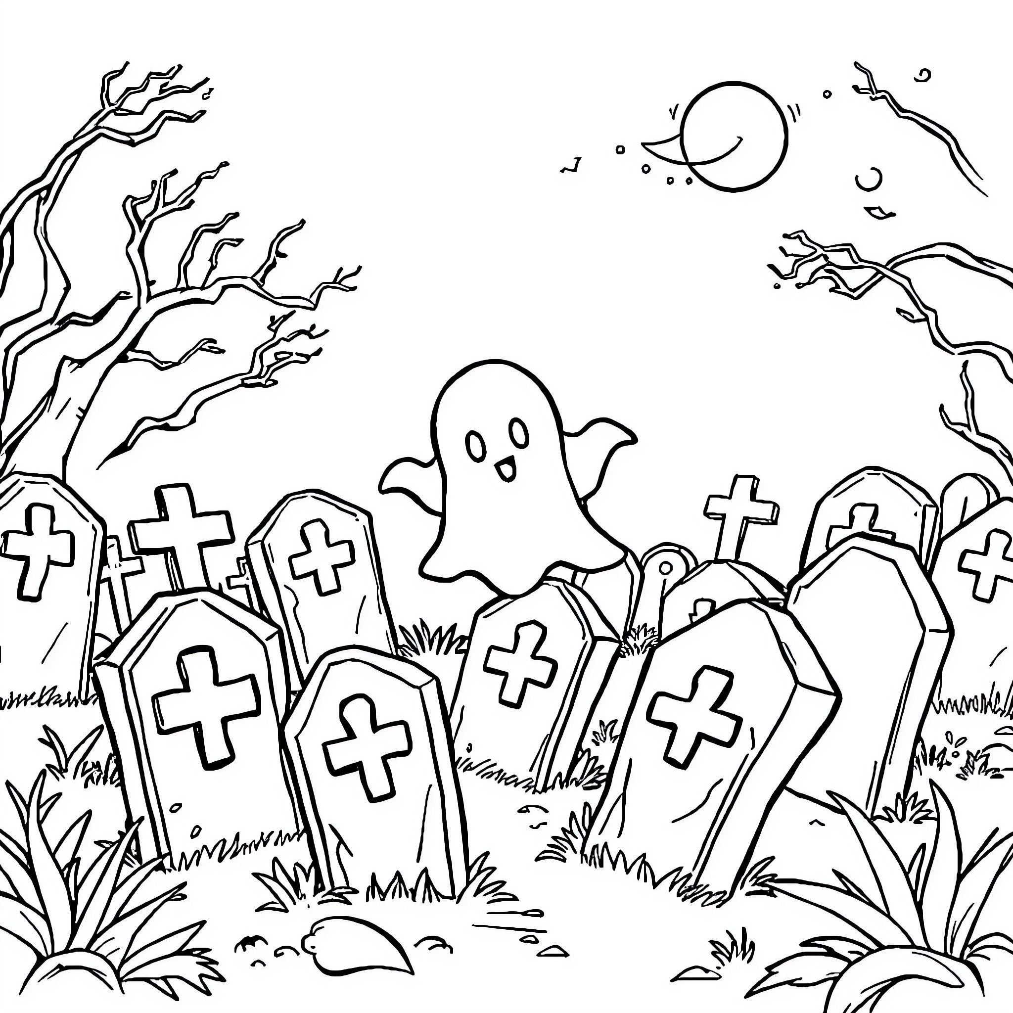 Ghost playing in the haunted graveyard Coloring Page (free black-and-white line drawing printable PDF for all, from beginners to advanced learners, including children, teens, adults, and seniors)