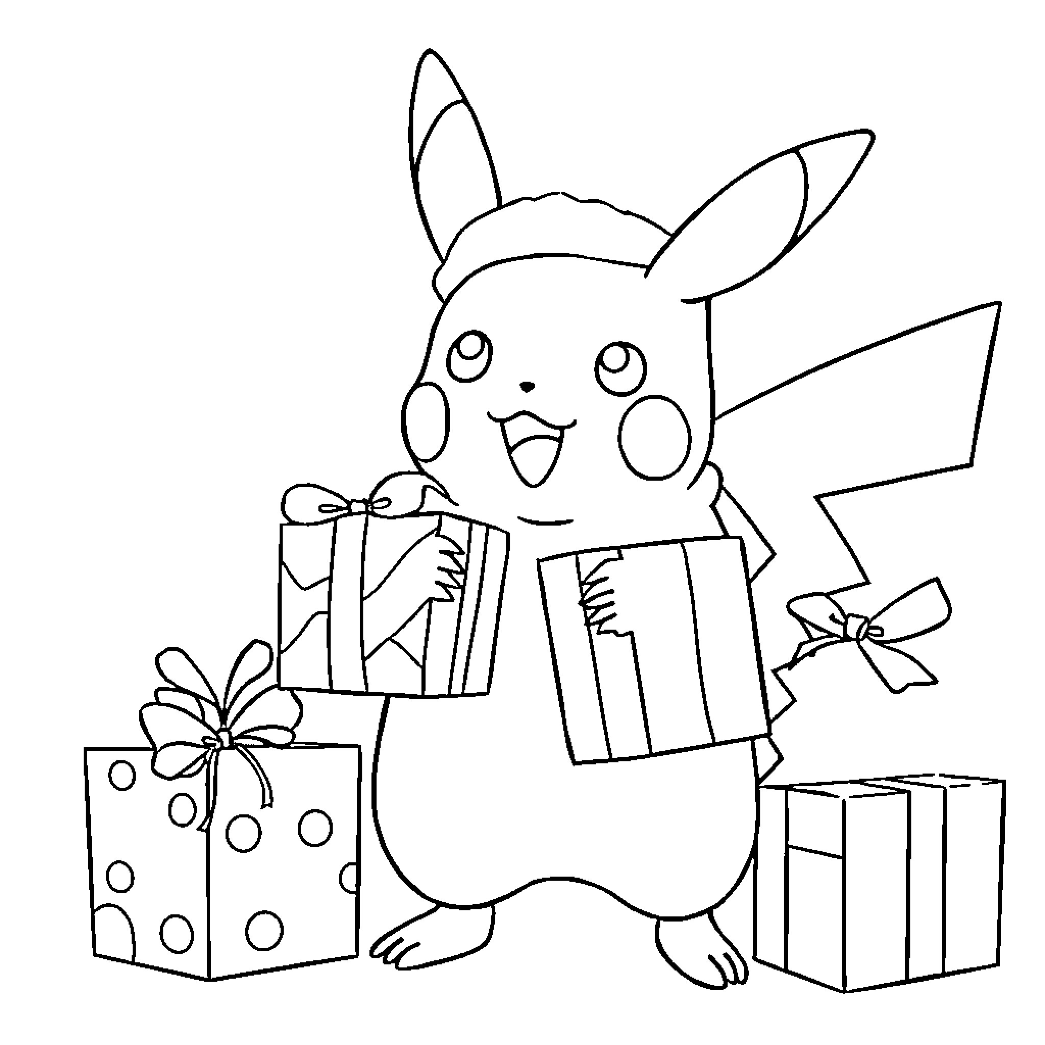 Pikachu holding and opening surprise gifts Coloring Page (free black-and-white line drawing printable PDF for all, from beginners to advanced learners, including children, teens, adults, and seniors)
