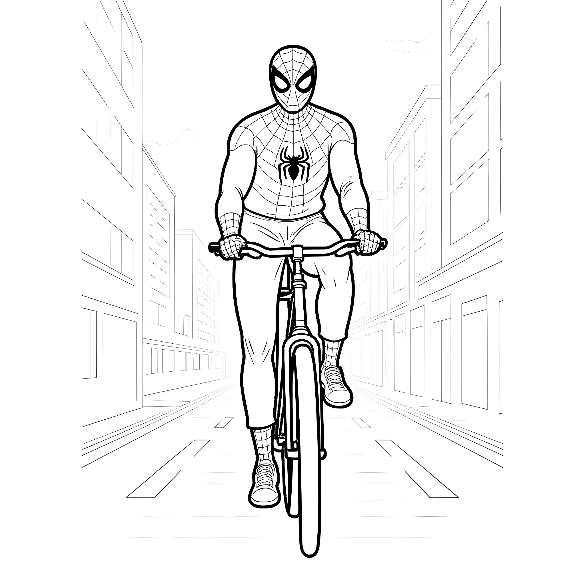 Spiderman riding a bicycle in the city Coloring Page (free black-and-white line drawing printable PDF for all, from beginners to advanced learners, including children, teens, adults, and seniors)