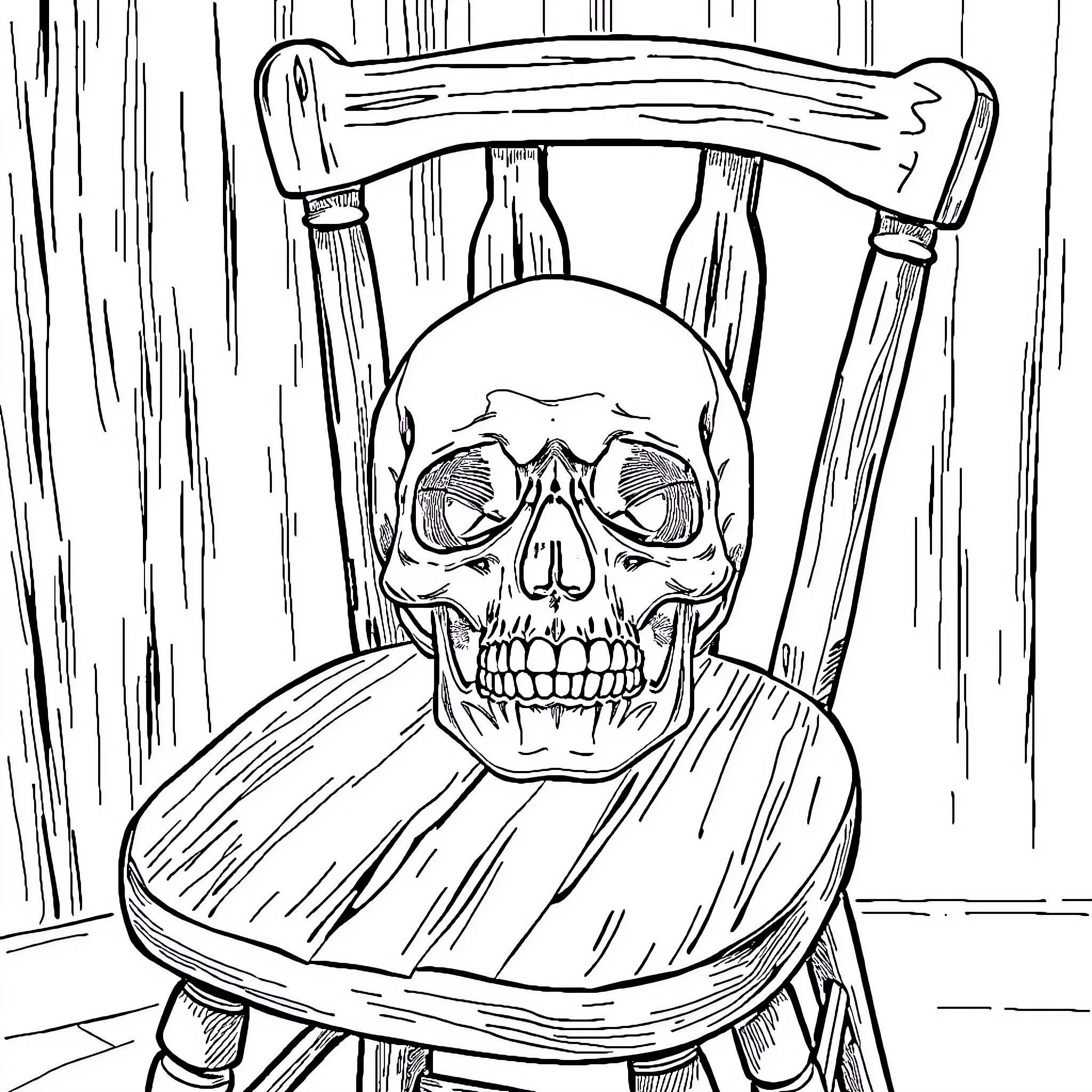 Skull resting on a weathered wooden chair Coloring Page (free black-and-white line drawing printable PDF for all, from beginners to advanced learners, including children, teens, adults, and seniors)