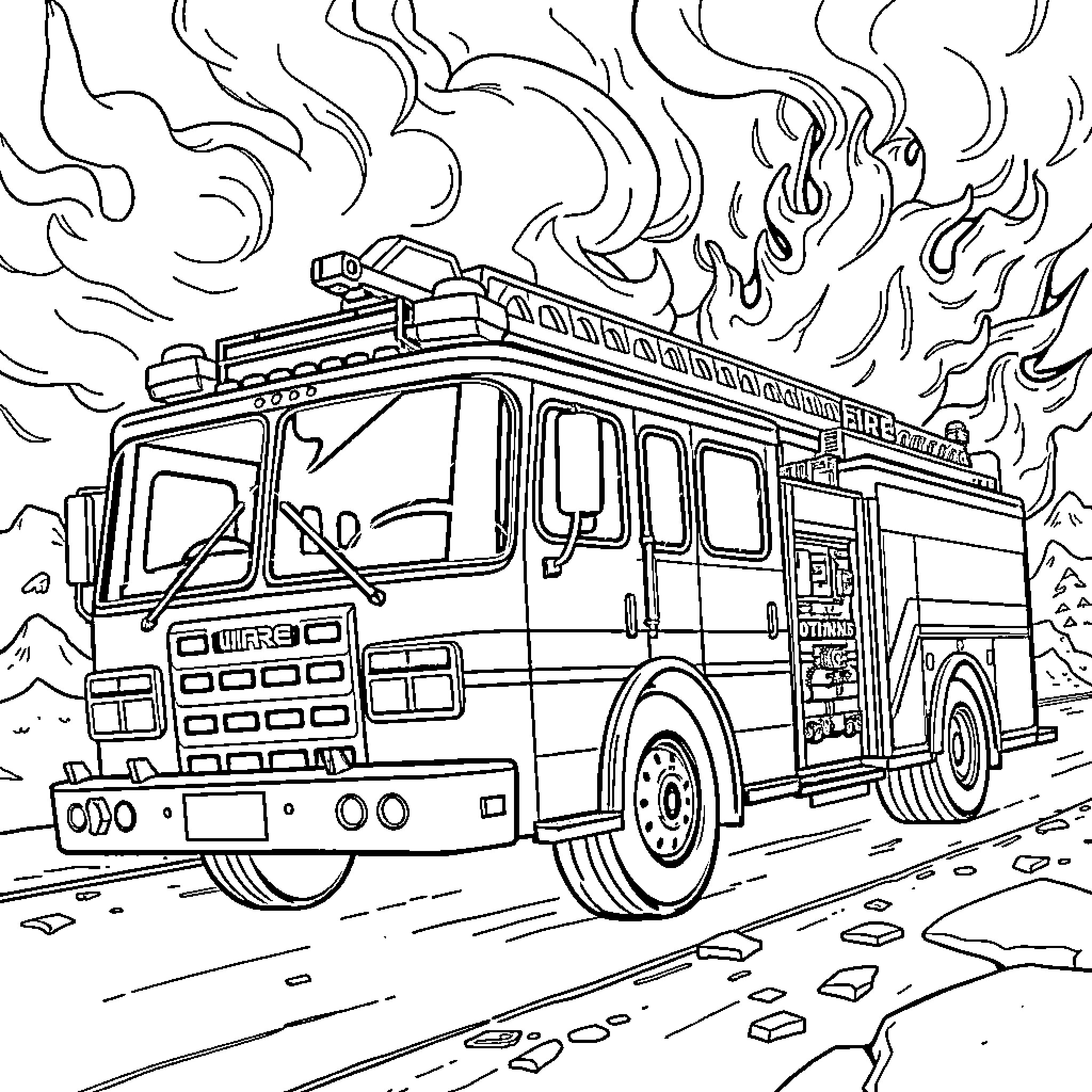 Fire Engine in Action with Flames and Smoke Coloring Page (free black-and-white line drawing printable PDF for all, from beginners to advanced learners, including children, teens, adults, and seniors)