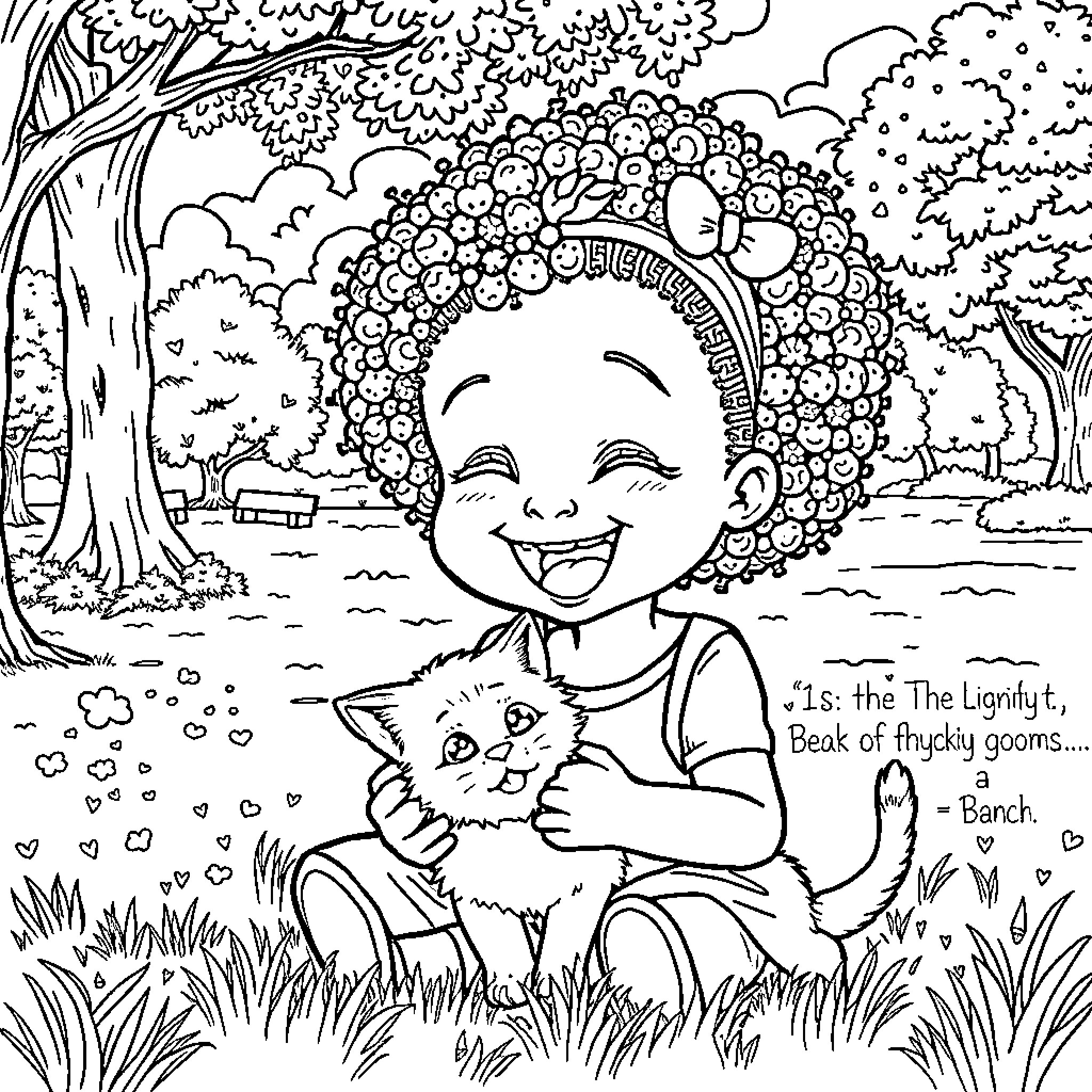 Girl happily playing with her pet in nature Coloring Page (free black-and-white line drawing printable PDF for all, from beginners to advanced learners, including children, teens, adults, and seniors)