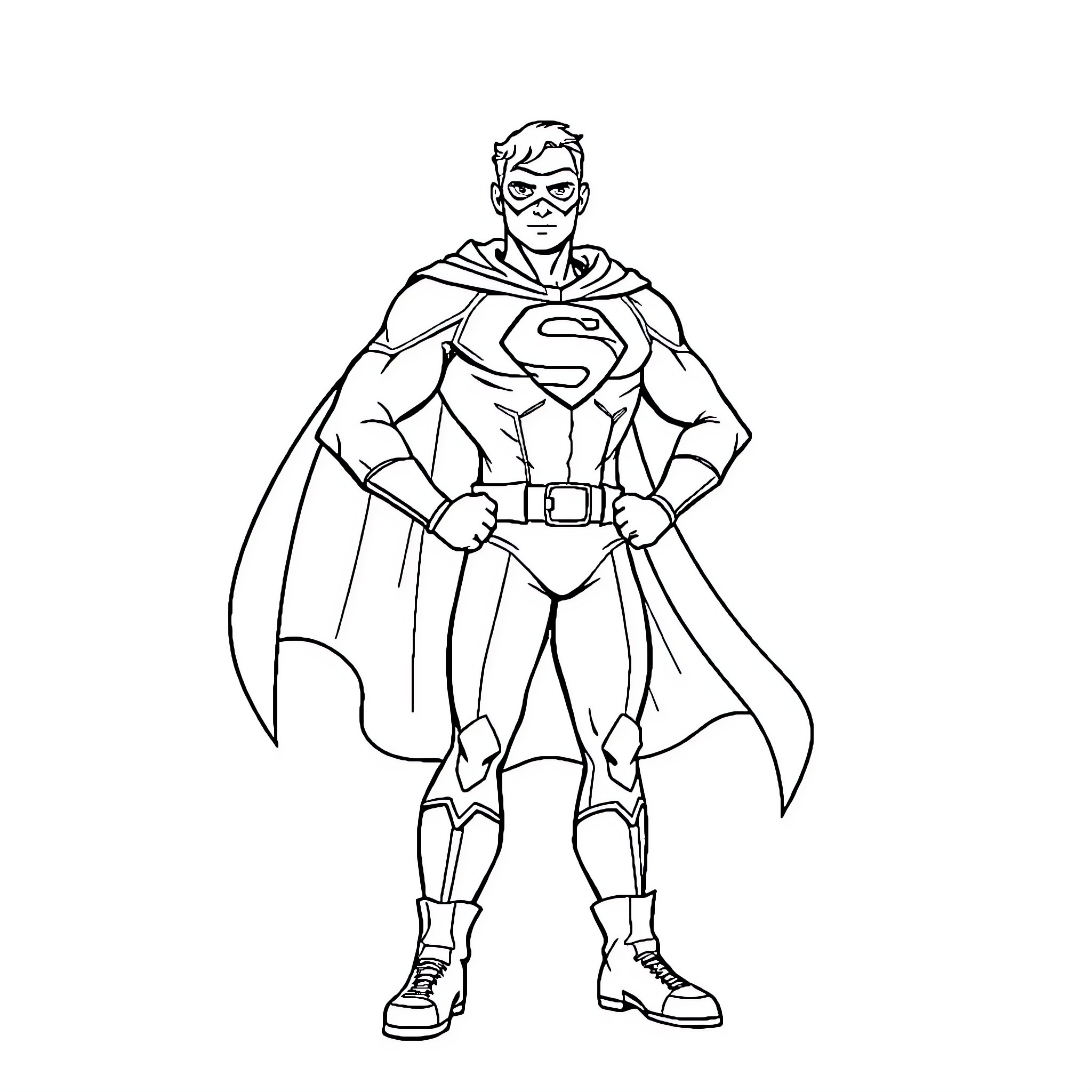 Superhero Standing in Heroic Pose Coloring Page (free black-and-white line drawing printable PDF for all, from beginners to advanced learners, including children, teens, adults, and seniors)