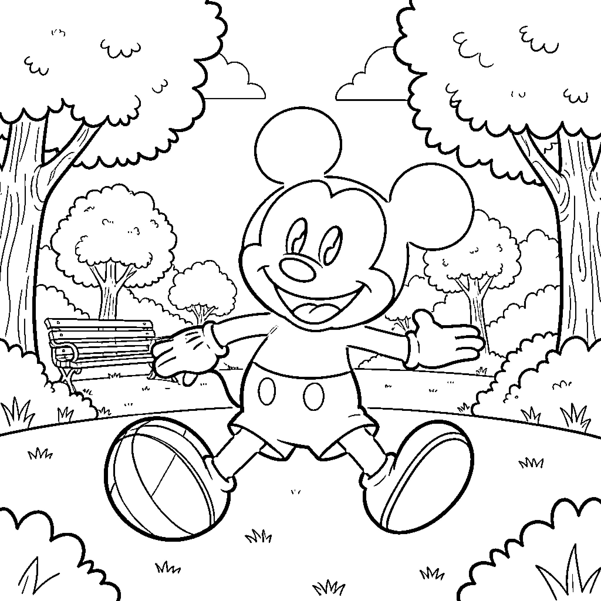 Mickey happily playing in the park Coloring Page (free black-and-white line drawing printable PDF for all, from beginners to advanced learners, including children, teens, adults, and seniors)