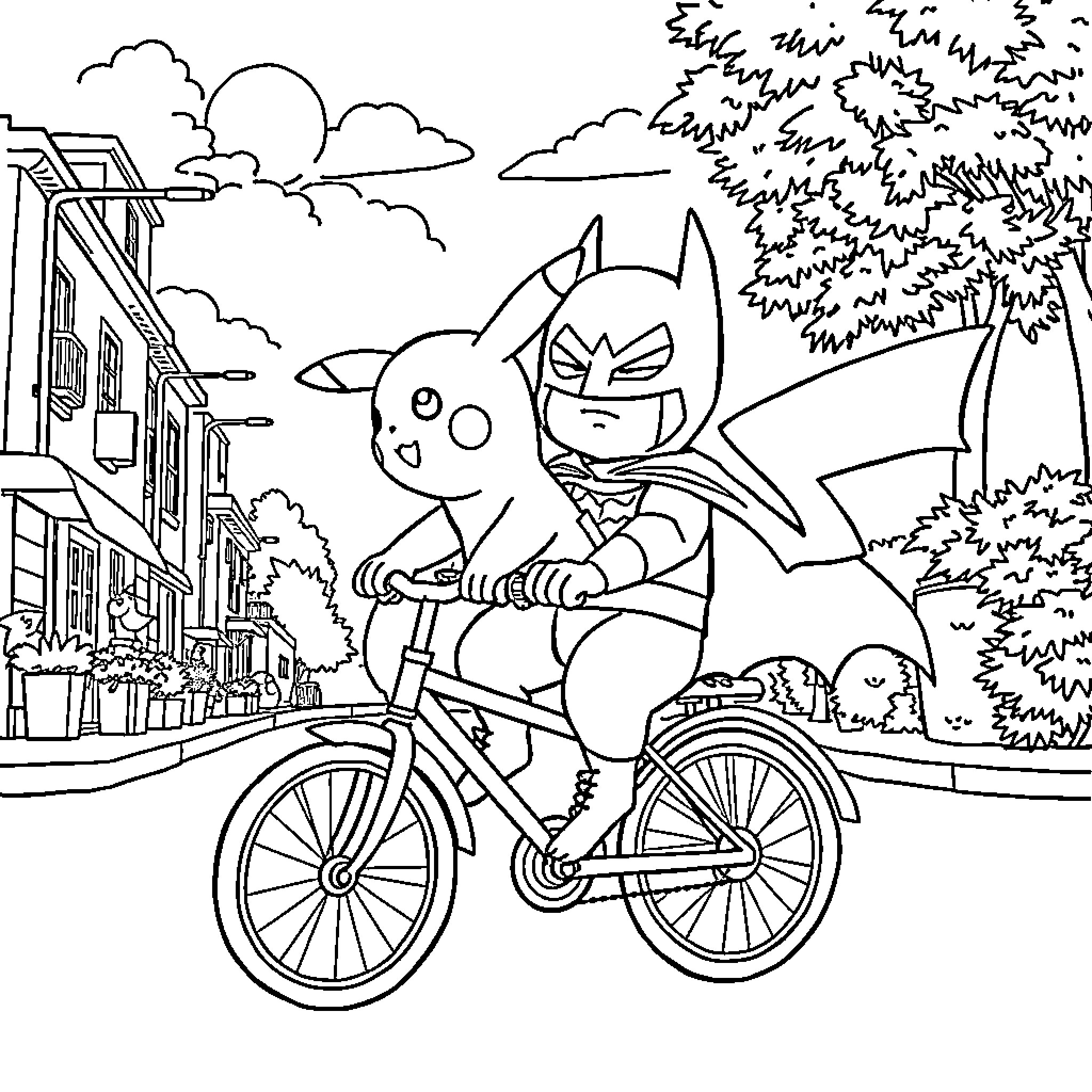 Pikachu riding a bicycle with a bat superhero Coloring Page (free black-and-white line drawing printable PDF for all, from beginners to advanced learners, including children, teens, adults, and seniors)