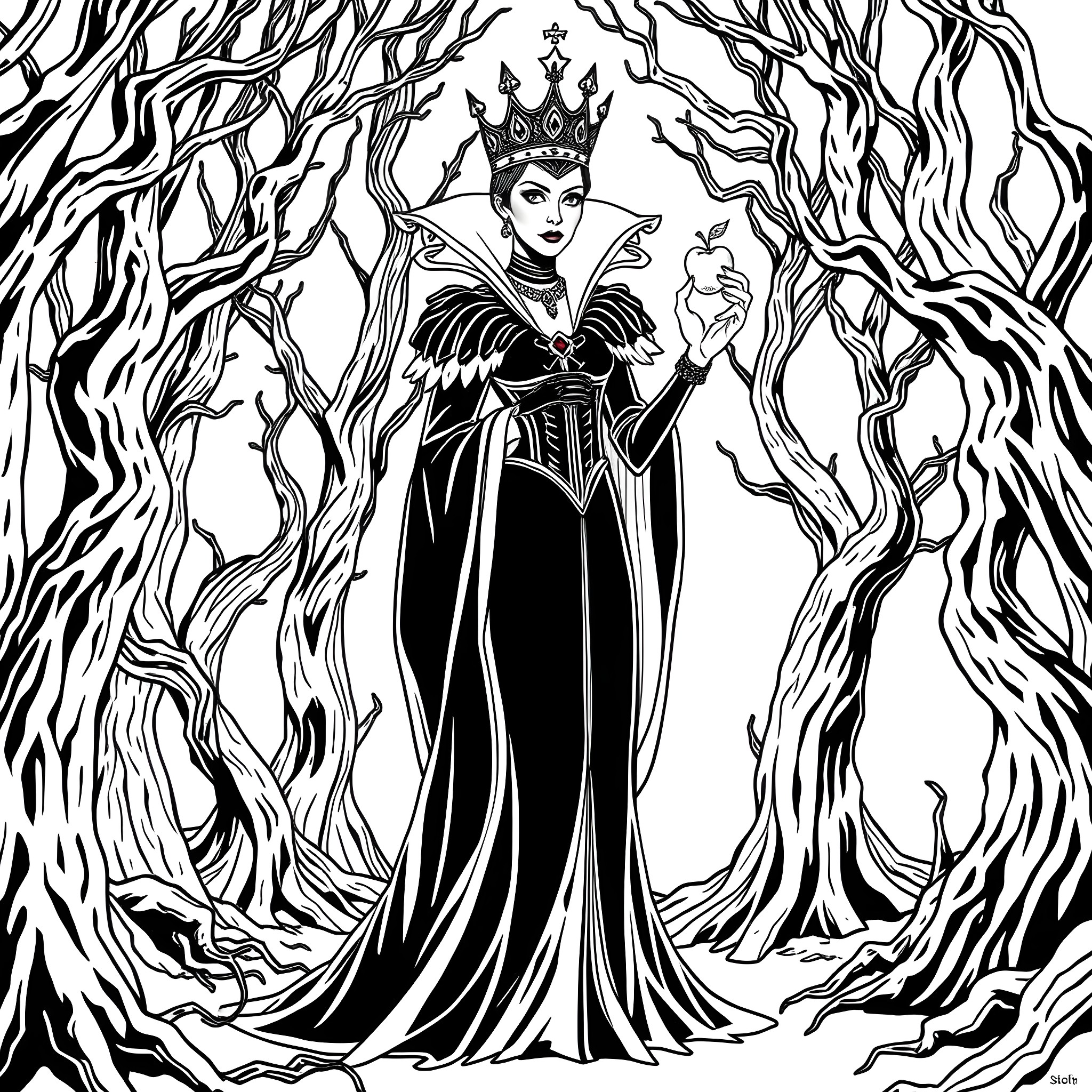 Snow White Evil Queen in Dark Forest Coloring Page (free black-and-white line drawing printable PDF for all, from beginners to advanced learners, including children, teens, adults, and seniors)