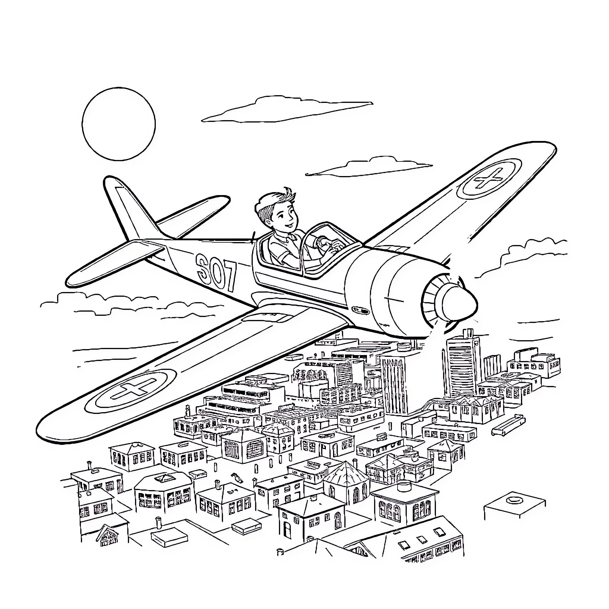 de Havilland Mosquito flying over a city skyline Coloring Page (free black-and-white line drawing printable PDF for all, from beginners to advanced learners, including children, teens, adults, and seniors)