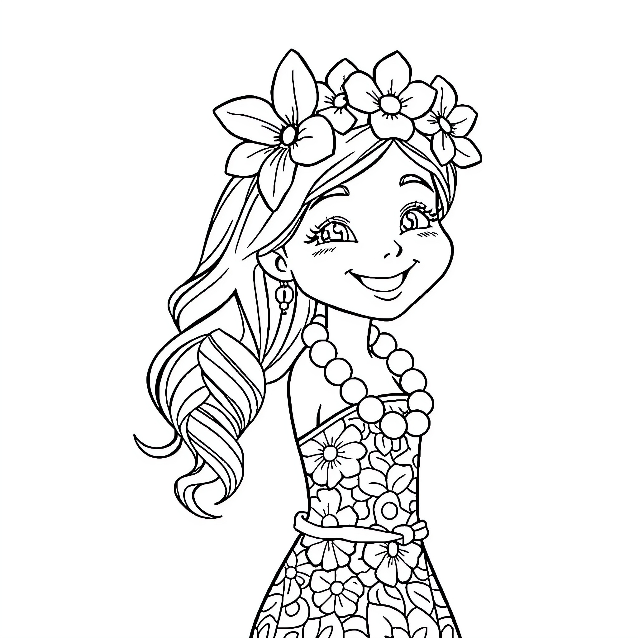 Girl with floral crown and dress smiling happily Coloring Page (free black-and-white line drawing printable PDF for all, from beginners to advanced learners, including children, teens, adults, and seniors)