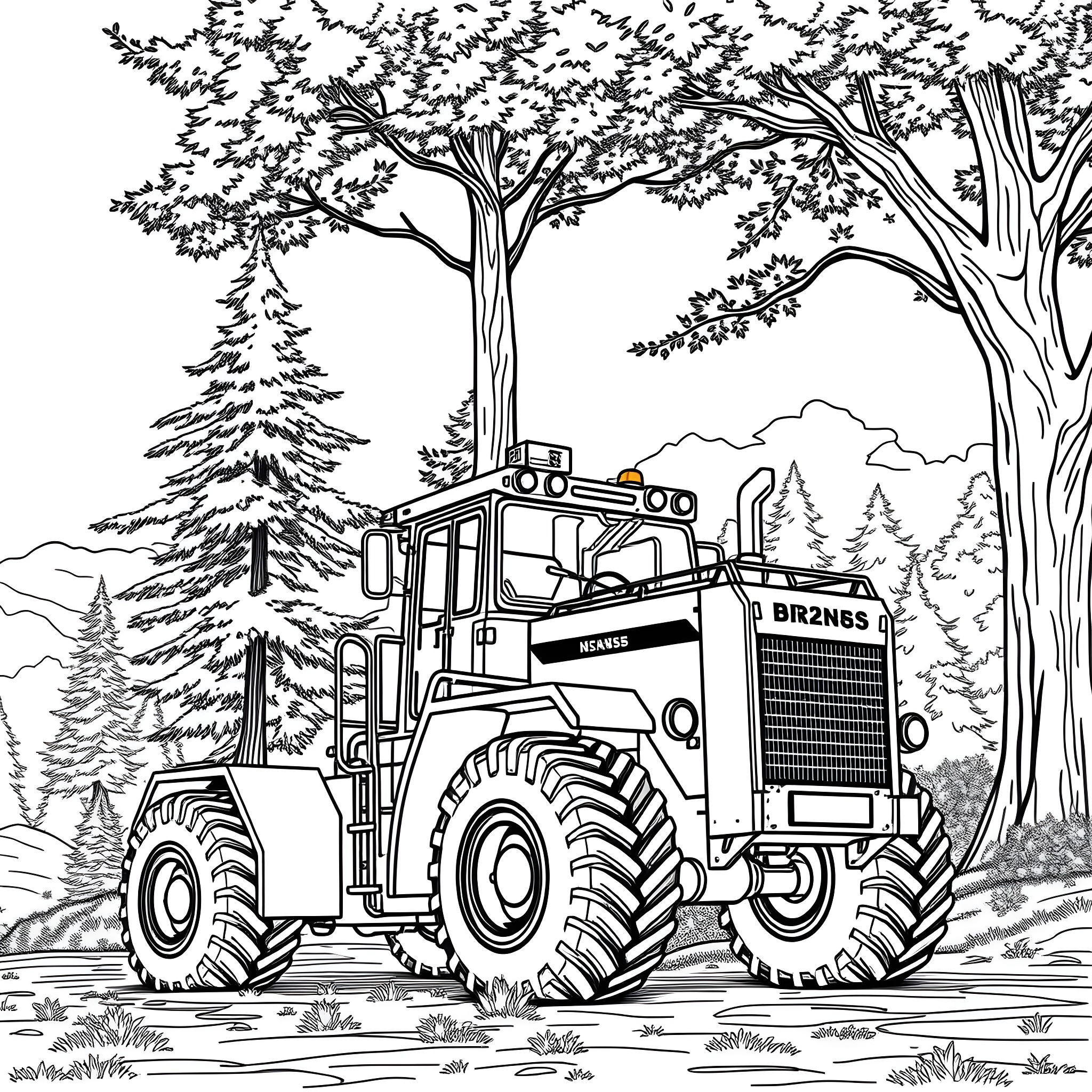 Construction Vehicle Working Diligently in Forest Landscape Coloring Page (free black-and-white line drawing printable PDF for all, from beginners to advanced learners, including children, teens, adults, and seniors)