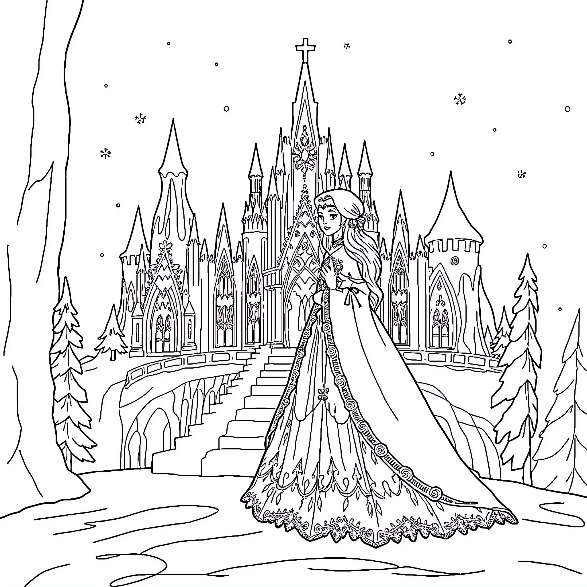 Queen's Enchanting Castle Stroll Coloring Page (free black-and-white line drawing printable PDF for all, from beginners to advanced learners, including children, teens, adults, and seniors)