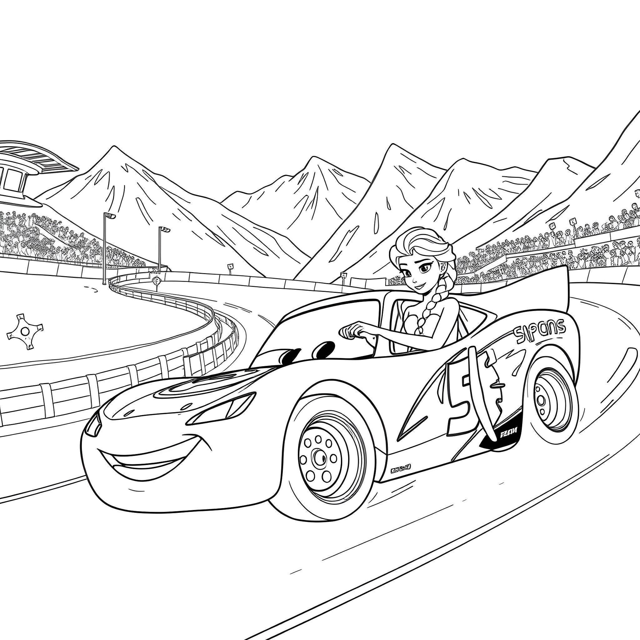 Elsa's Exciting Racetrack Adventure Coloring Page (free black-and-white line drawing printable PDF for all, from beginners to advanced learners, including children, teens, adults, and seniors)
