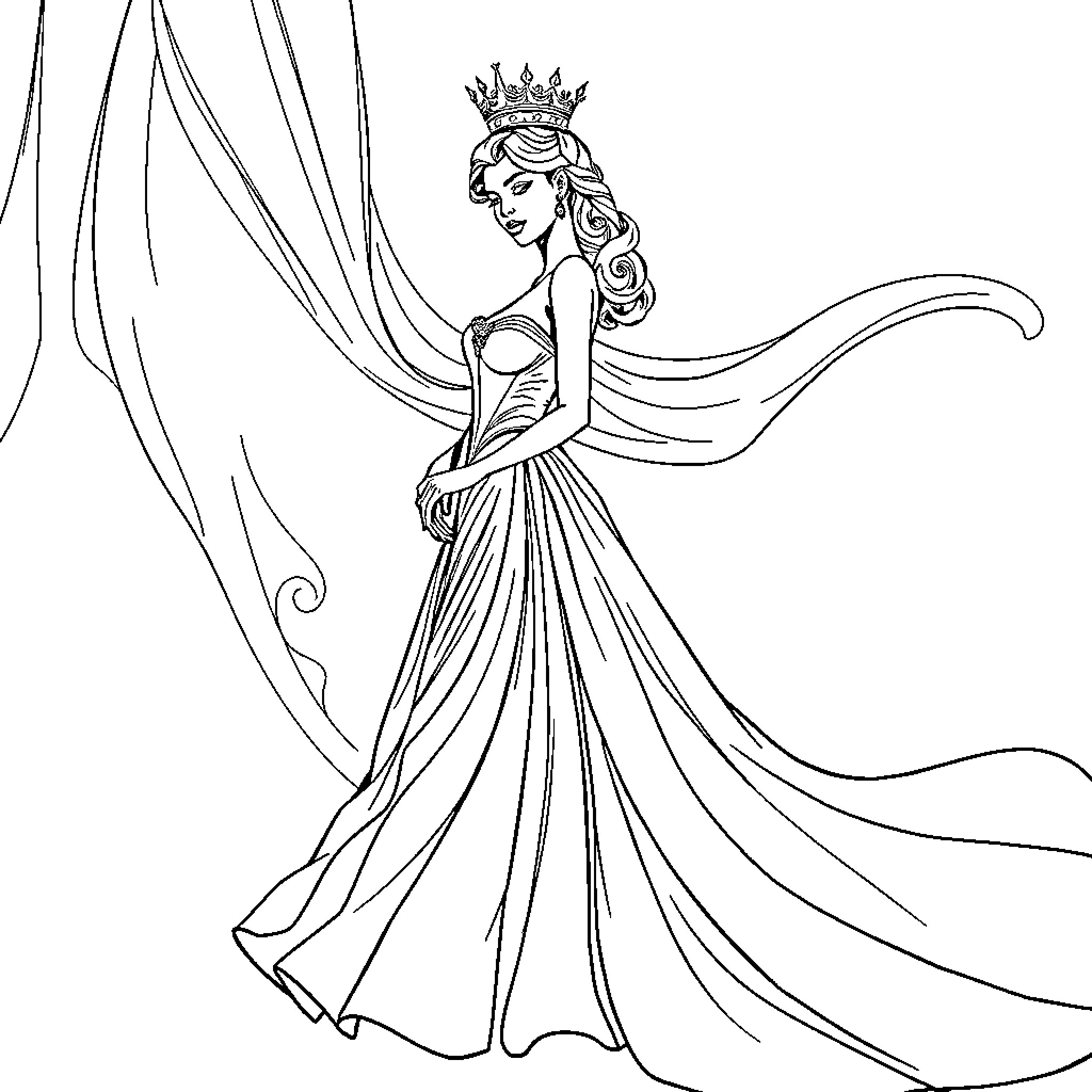 Queen in Elegant Gown with Flowing Dress Coloring Page (free black-and-white line drawing printable PDF for all, from beginners to advanced learners, including children, teens, adults, and seniors)