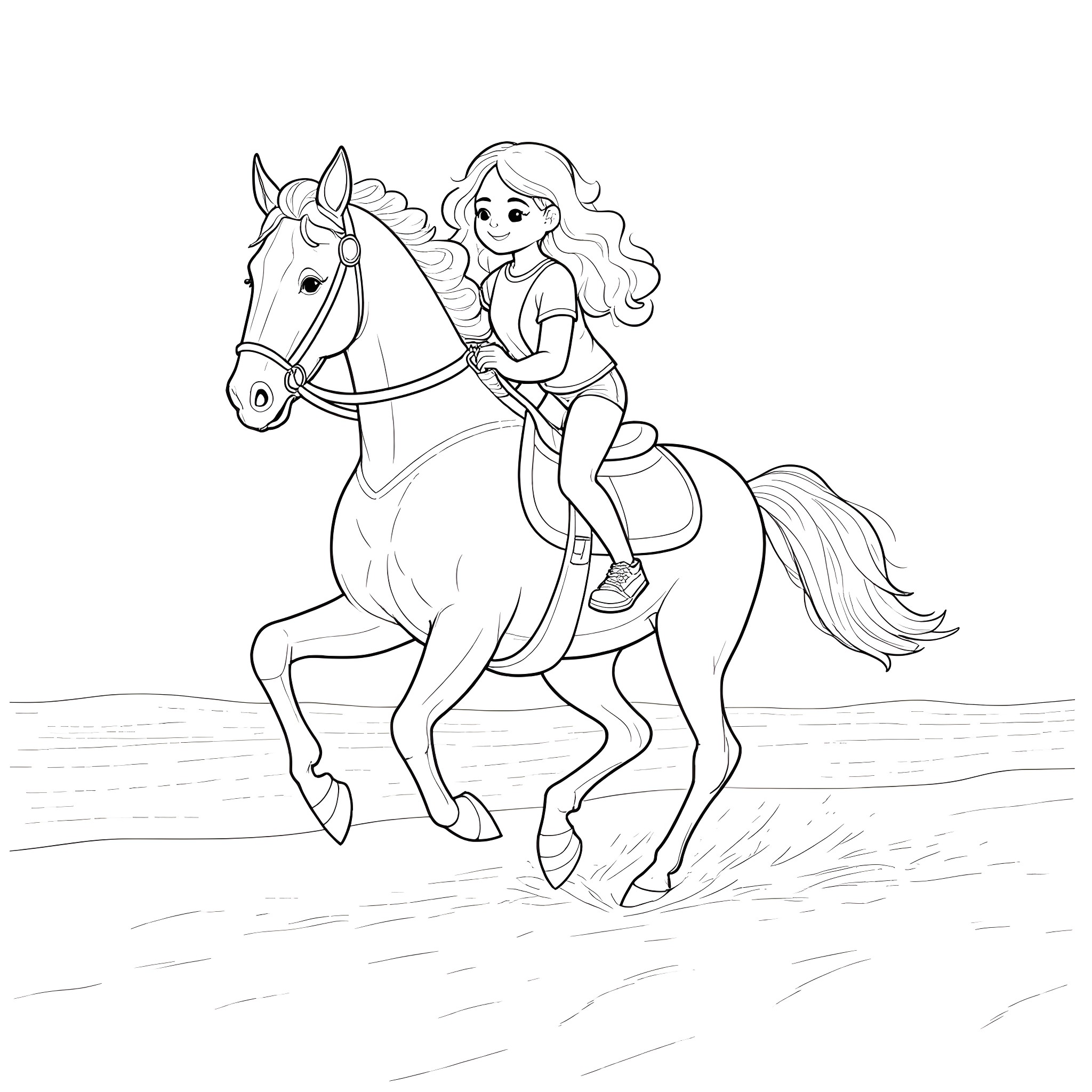Horse and Girl Riding Joyfully Outdoors Coloring Page (free black-and-white line drawing printable PDF for all, from beginners to advanced learners, including children, teens, adults, and seniors)