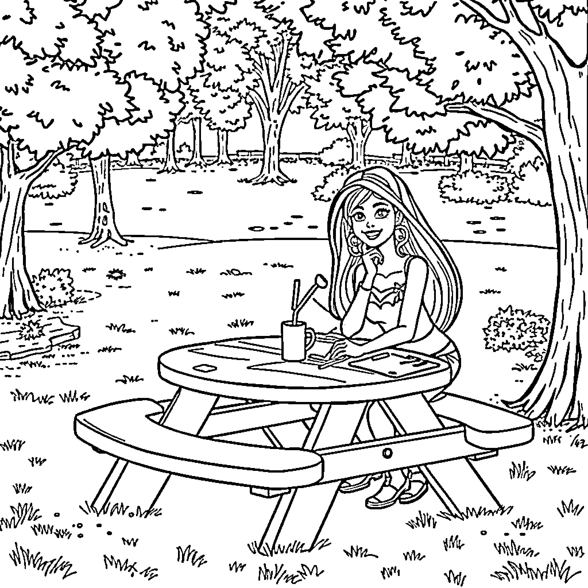 Barbie enjoying picnic in the park Coloring Page (free black-and-white line drawing printable PDF for all, from beginners to advanced learners, including children, teens, adults, and seniors)
