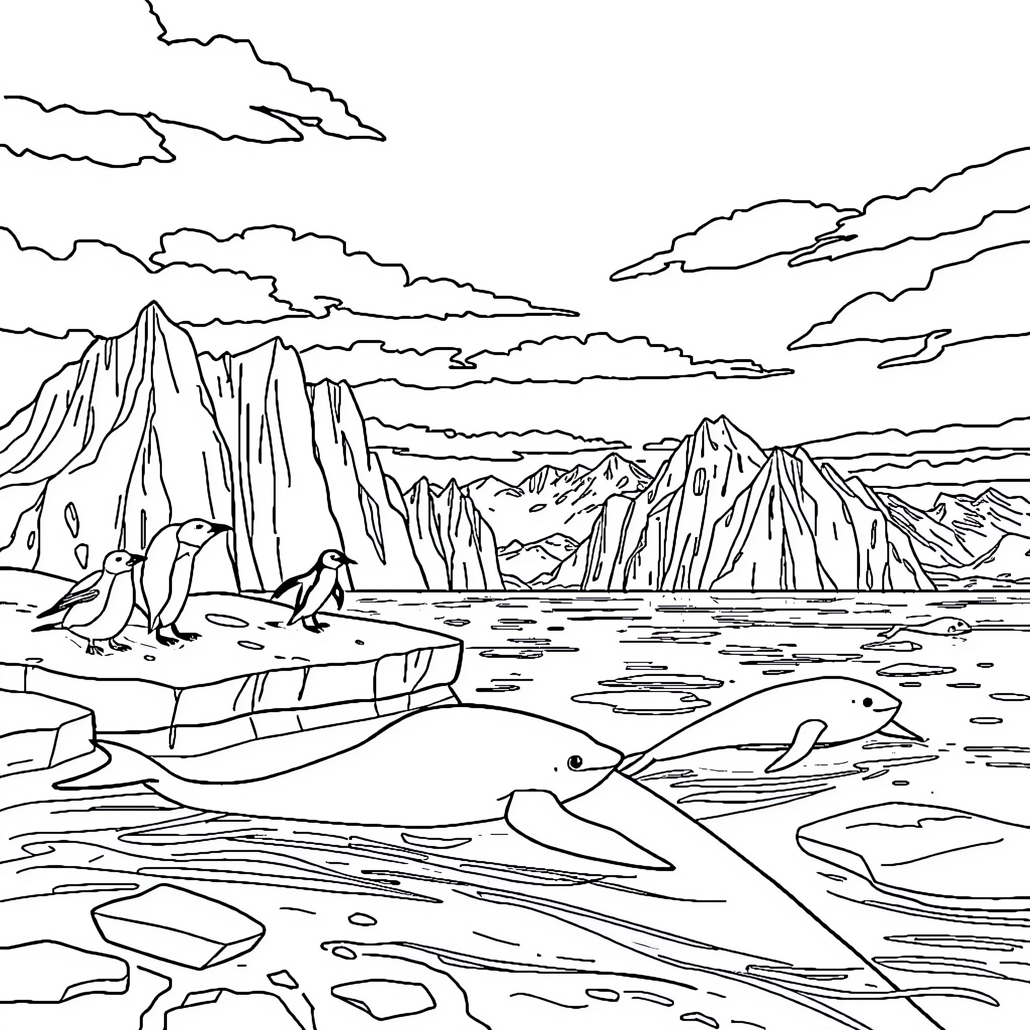 Polar Animals in a Majestic Arctic Landscape Coloring Page (free black-and-white line drawing printable PDF for all, from beginners to advanced learners, including children, teens, adults, and seniors)