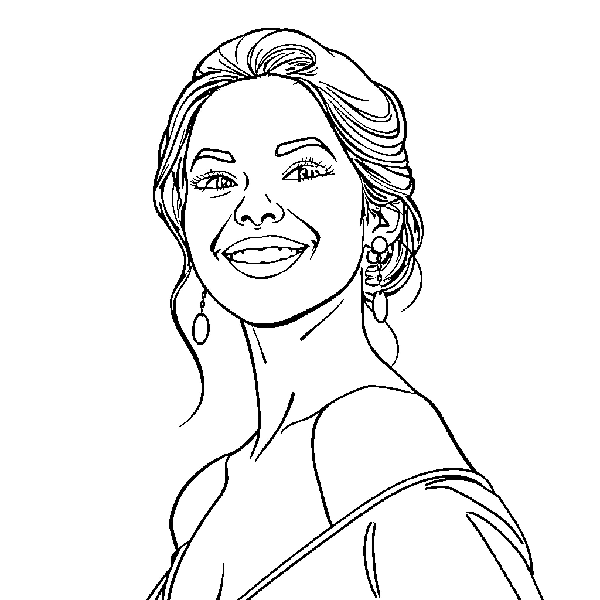 Olivia Rodrigo in a smiling portrait Coloring Page (free black-and-white line drawing printable PDF for all, from beginners to advanced learners, including children, teens, adults, and seniors)