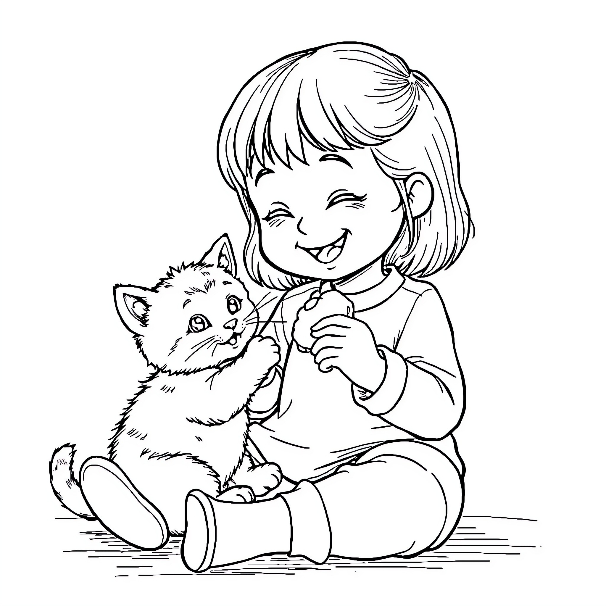Girl joyfully playing with her pet kitten Coloring Page (free black-and-white line drawing printable PDF for all, from beginners to advanced learners, including children, teens, adults, and seniors)