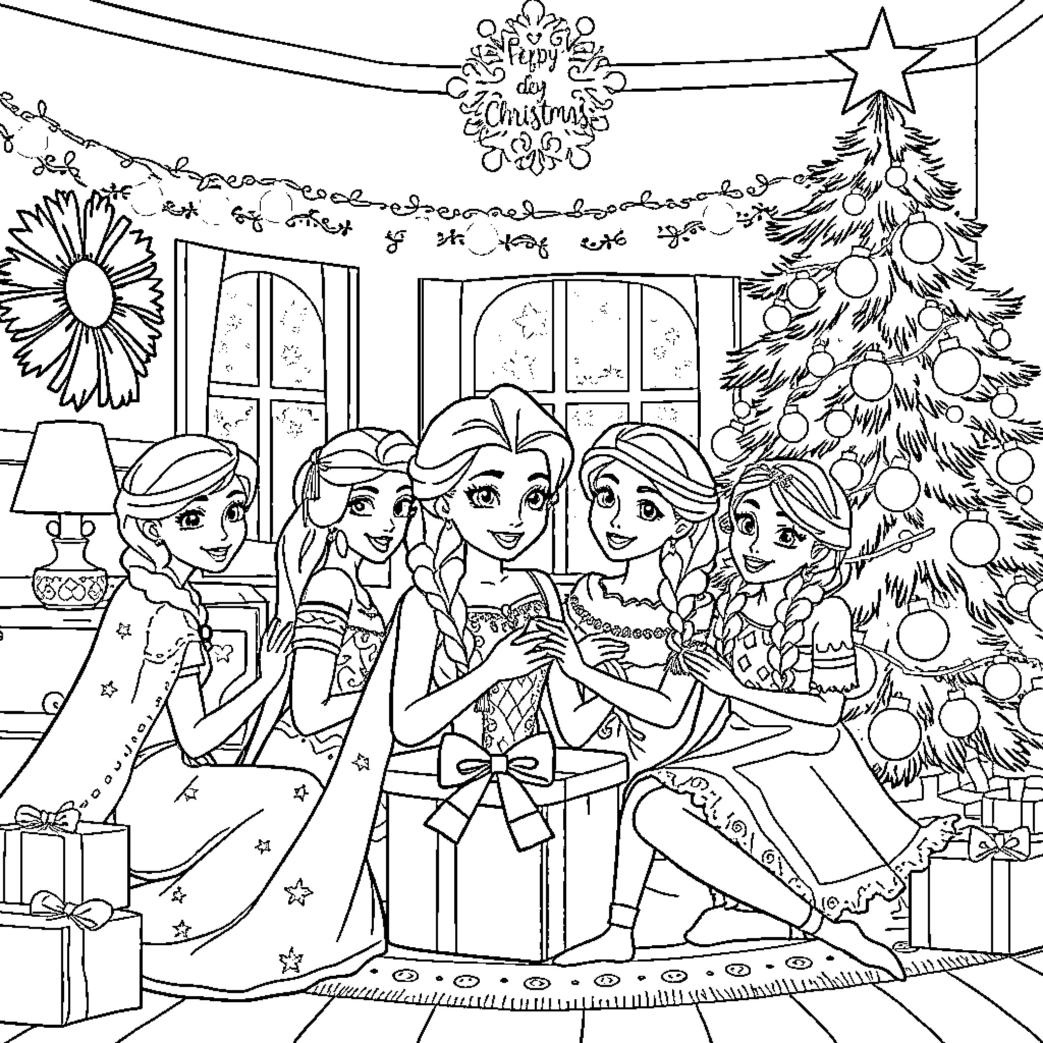 Elza and friends celebrate Christmas together Coloring Page (free black-and-white line drawing printable PDF for all, from beginners to advanced learners, including children, teens, adults, and seniors)